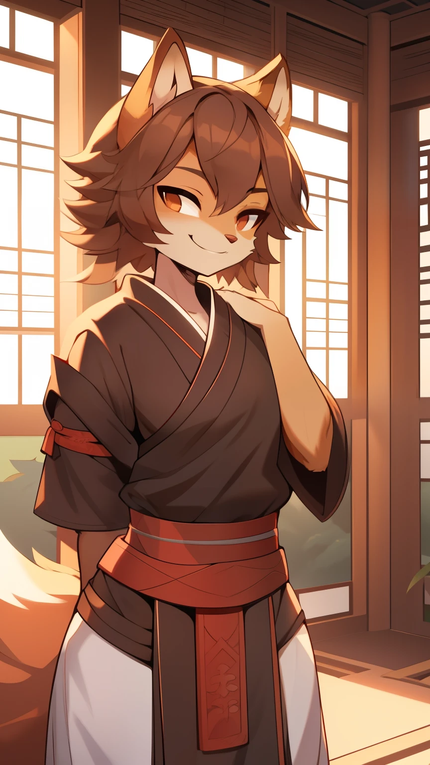 Best quality, Super detailed illustration, Warm tones, perfect lighting, (fluffy squirrel boy:1.4) , feminine face and body, disheveled thick hair, Samurai equipment, at the Japanese temple, smug smile, half-closed eyes , femboy, small waist, wide hips, slim, perfect body, DND style