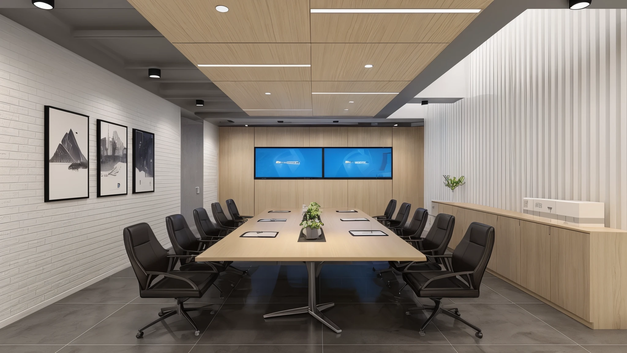 有一个很大的meeting room，There is a long table and chairs, cubical meeting room office, meeting room, office ceiling, bottom corner, in a meeting room, Virtual Reality, comfortable, CG rendering, F 2. 0, C 12.0, F42, F32, f 3 2, high-end, high-end, Detailed rendering，industrial style，spaceship elements