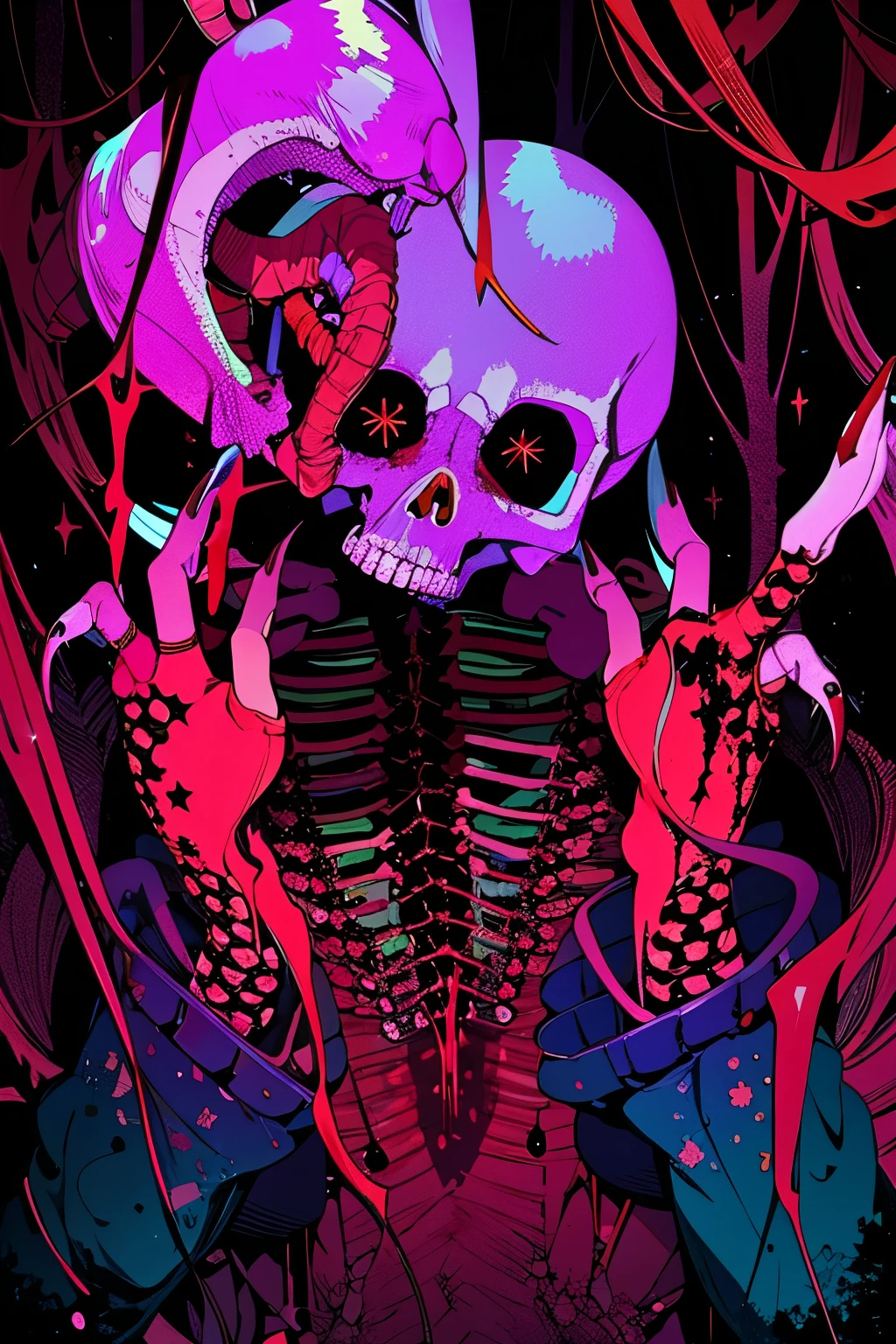 official art, unity 8k wallpaper, ultra detailed, beautiful and aesthetic, High quality, beautiful, masterpiece, best quality, (zentangle, mandala, tangle, entangle:0.6),, a woman killing demons, pink, bright pastel colors, kawaii, (horror), eerie, rabbit skull, goat skull, in hell, creepy, demons, claws, best lighting, water splash, wind swept, glitter,ultra sharp