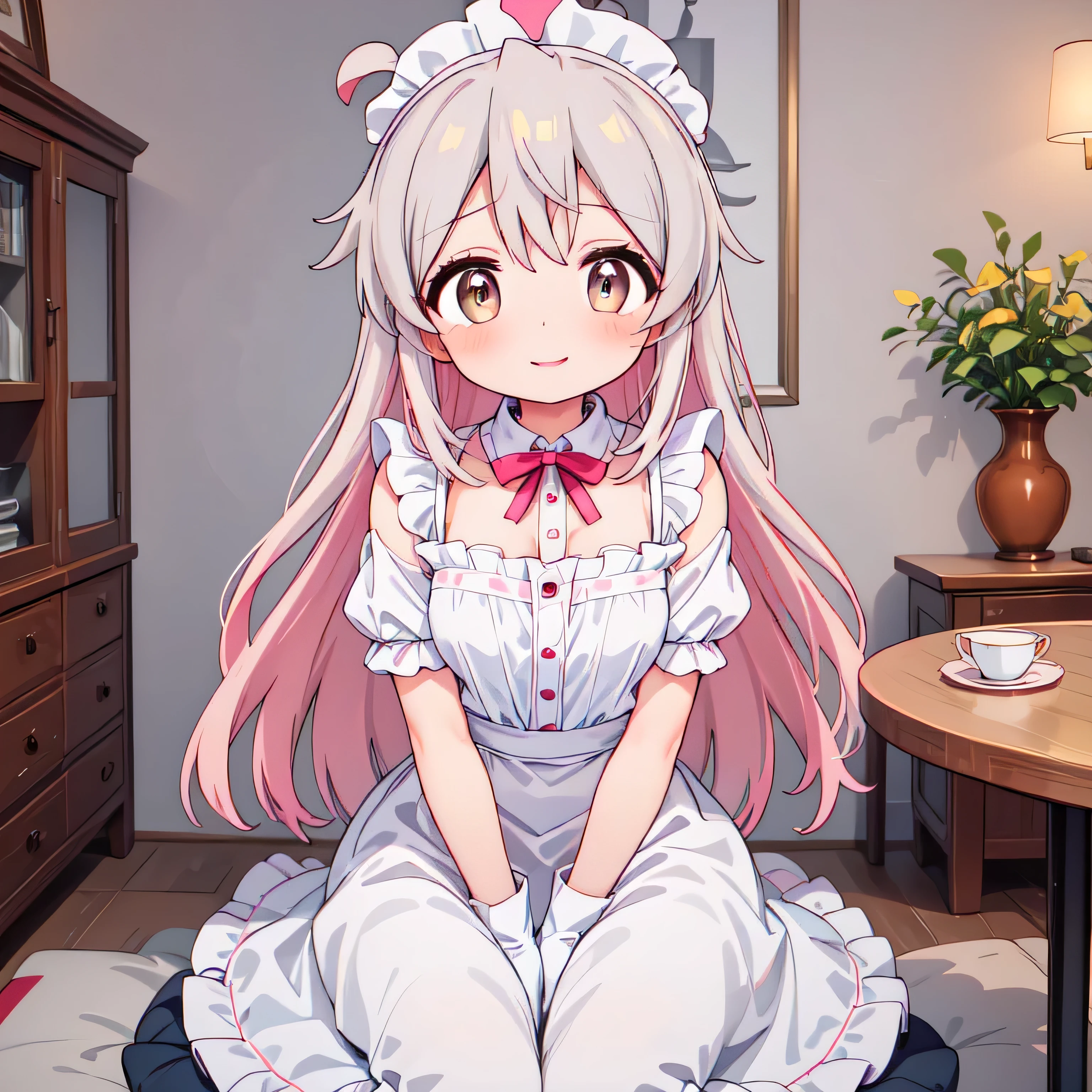 (best quality,ultra-detailed),Cute Oyama Mahiro in maid outfit,beautiful detailed eyes,beautiful detailed lips,blushing cheeks,cute smile,longeyelashes,lively expression,flawless skin,soft pink blush,shiny blue eyes,twinkling eyes,adorable pose,innocent face,pretty maid dress with frills and lace,neat hair accessories and matching headband,tidy apron and gloves,maid's hat with a bow,polished shoes,smoothing cloth in hand,lovely decor and flower arrangement in the background,delicate tea set on the table,soft lighting and warm atmosphere,playful and cheerful atmosphere,light and airy color palette,pastel tones with pops of vibrant colors,subtle shadows and highlights,gentle and soft lighting,sparkling highlights and soft shadows,dreamy and magical ambiance,joyful and lively scenery.