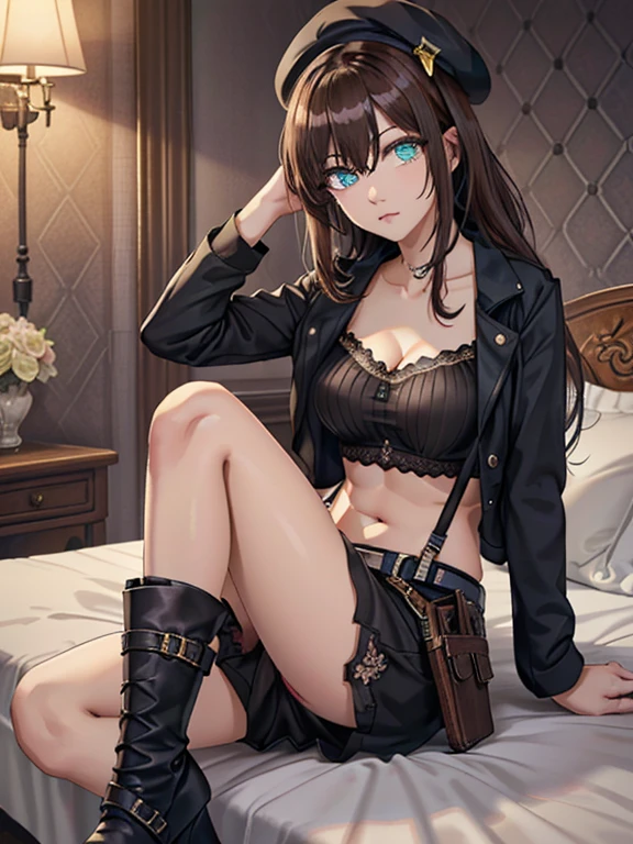 ubel,dark green hair,long hair,side ponytail,hair between eyes,bangs,  (beret, black jacket, open clothes, cleavage, midriff, (Make the subject look three-dimensional with the contrast of light and shadow),Cute and beautiful 22yo girl,(masterpiece:1.2), best quality, high resolution, unity 8k wallpaper, (illustration:0.8), (beautiful detailed eyes:1.6), extremely detailed face, perfect lighting, extremely detailed CG, (perfect hands, perfect anatomy),(brown eyes: 1.1),Brown hair,watching at viewers,black suspenders,(Bulging ,big breasts:1.1),tacticul jacet,Black miniskirt,garters,Gaze,Small face,bangss,holster,Belt Armament,Beautuful Women　srestrained,hands up,sitting Lying in bed,Leg holster ,Gaze,black boots,panty shot, extremely detailed face, perfect lighting, extremely detailed CG,