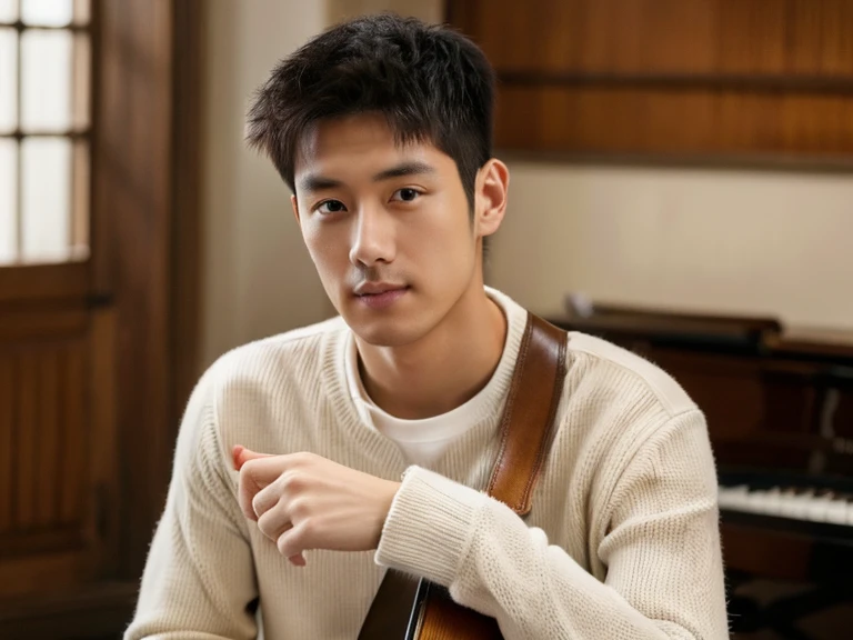 Realism, 8K full body portrait, a young handsome guy, 28 year old man.A little messy short hair(artist.musician),Wearing wool sweaters and jackets. Sitting indoors and playing the cello(靈感來自中國musician馬友友). charming expression, Fine facial details,Detailed finger positions and details.