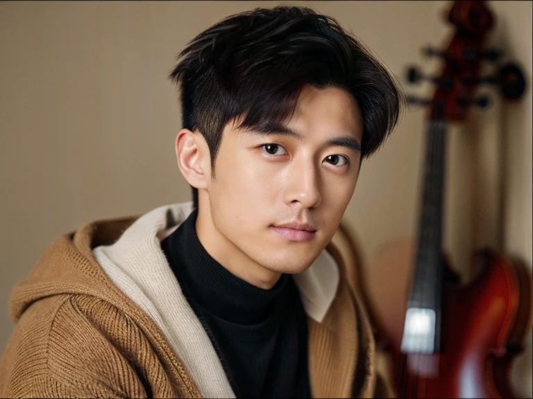 Realism, 8K full body portrait, a young handsome guy, 28 year old man.A little messy short hair(artist.musician),Wearing wool sweaters and jackets. Sitting indoors and playing the cello(靈感來自中國musician馬友友). charming expression, Fine facial details,Detailed finger positions and details.