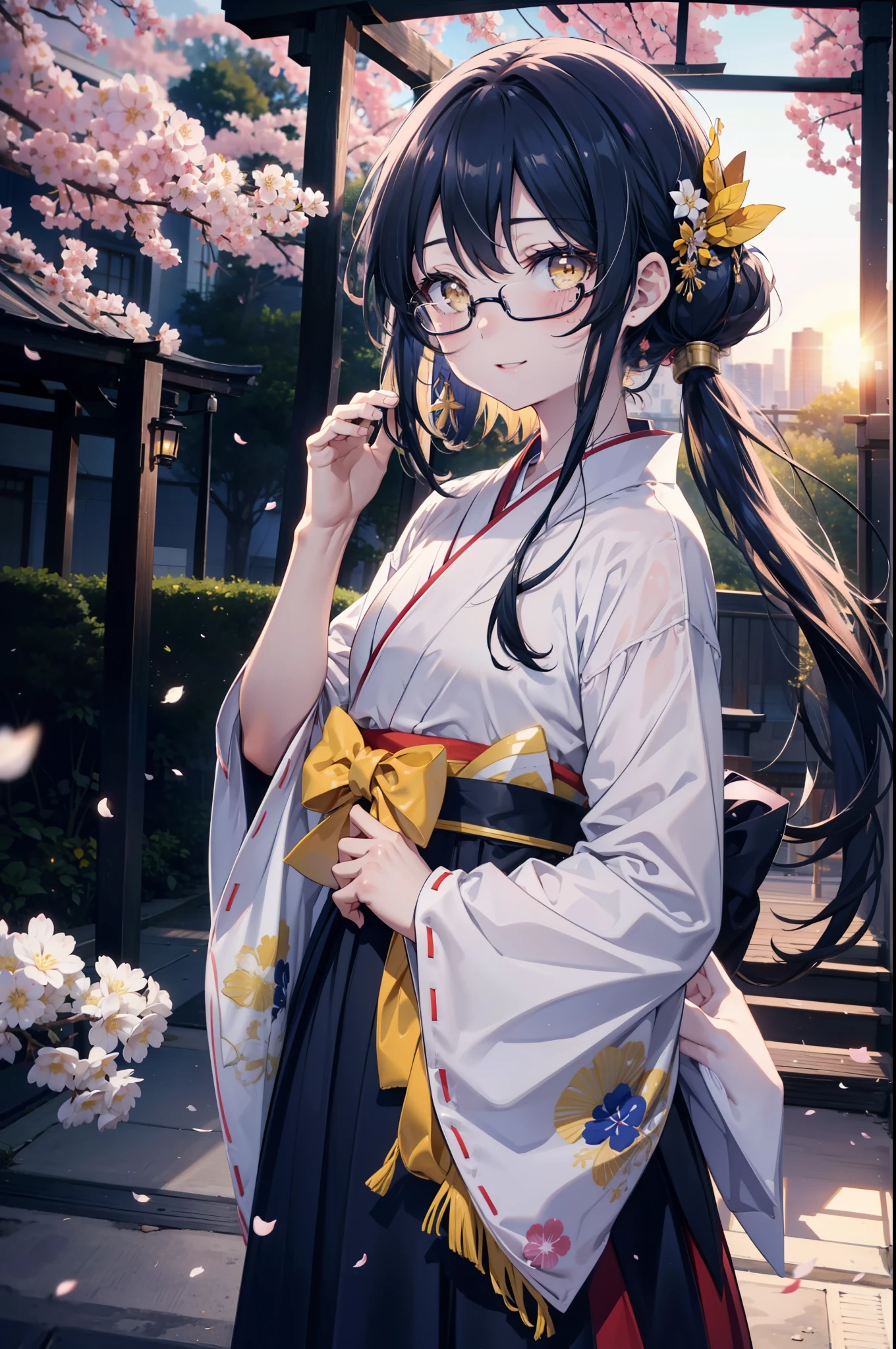 you are so kind, umi sonoda, long hair, blue hair, (yellow eyes:1.5) (flat chest:1.2),happy smile, smile, open your mouth,black rim glasses,Blue headband,
Platycodon grandiflorum,Miko, white kimono, red hakama,kimono, same as skirt, wide sleeve, long sleeve, ribbon trim sleeves,
とてもlong hair, dull bangs, low ponytail, evening,sunset,The sun is setting,cherry blossoms are blooming,Cherry blossoms are falling,
break looking at viewer,whole body,Upper body,,(cowboy shot:1.5),
break indoors, shrine,torii,
break (masterpiece:1.2), highest quality, High resolution, unity 8k wallpaper, (figure:0.8), (detailed and beautiful eyes:1.6), highly detailed face, perfect lighting, Very detailed CG, (perfect hands, perfect anatomy),