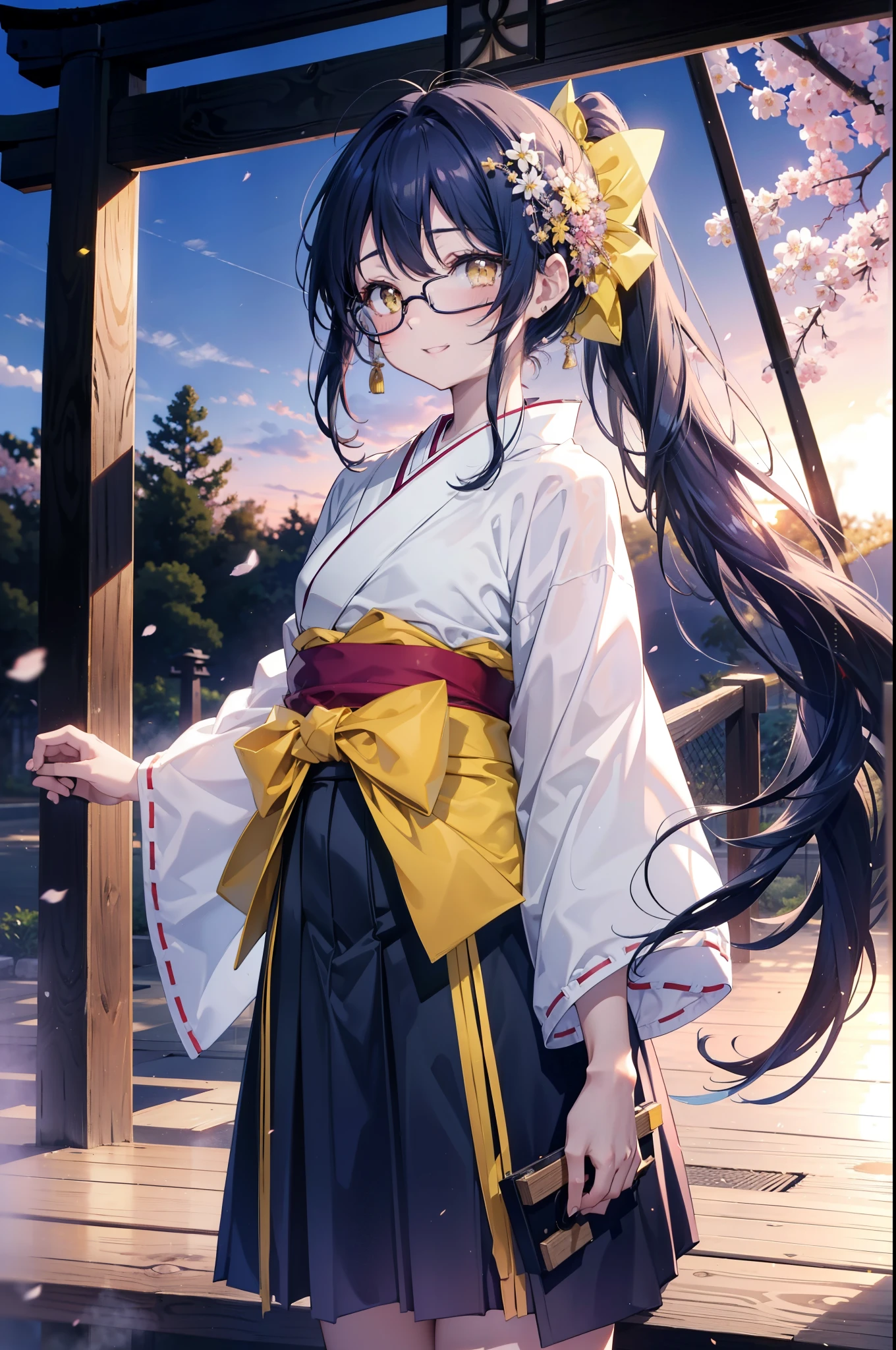 you are so kind, umi sonoda, long hair, blue hair, (yellow eyes:1.5) (flat chest:1.2),happy smile, smile, open your mouth,black rim glasses,Blue headband,
Platycodon grandiflorum,Miko, white kimono, red hakama,kimono, same as skirt, wide sleeve, long sleeve, ribbon trim sleeves,
とてもlong hair, dull bangs, low ponytail, evening,sunset,The sun is setting,cherry blossoms are blooming,Cherry blossoms are falling,
break looking at viewer,whole body,Upper body,,(cowboy shot:1.5),
break indoors, shrine,torii,
break (masterpiece:1.2), highest quality, High resolution, unity 8k wallpaper, (figure:0.8), (detailed and beautiful eyes:1.6), highly detailed face, perfect lighting, Very detailed CG, (perfect hands, perfect anatomy),