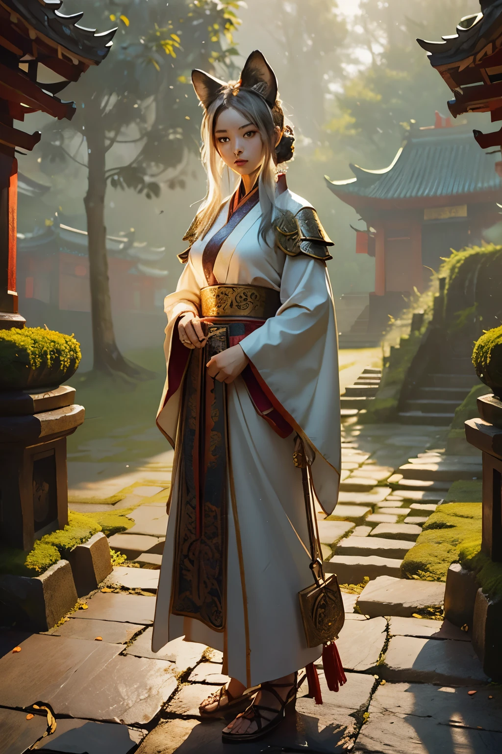 A fox model, clad in authentic Taoist robes and brandishing a intricately designed Taoist talisman, assumes a solemn stance before an ancient, venerable temple in the heart of China. The temple, steeped in history and surrounded by lush greenery, is bathed in the soft glow of dawn, casting elongated, dramatic shadows on the moss-covered ground. Thenate temple gates, adorned with intricate carvings, creak open slightly, allowing the fox model's determined gaze to pierce the misty morning air. The talisman in the fox's paw radiates a subtle, ethereal light,