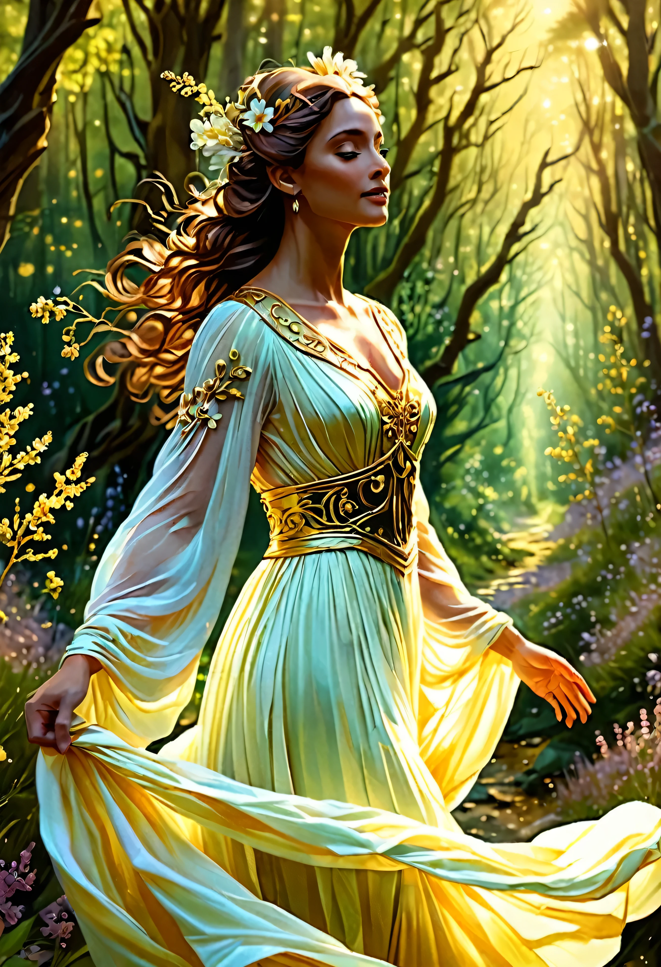 arafed woman in a flowing dress in a forest, gold ethereal light, goddess of light, heather theurer, beautiful maiden, fey queen of the summer forest, ethereal light, goddess of the forest, ethereal fantasy, magali villeneuve', ethereal glow, style of donato giancola, portrait of queen of light, inspired in donato giancola, numerous flowers all over