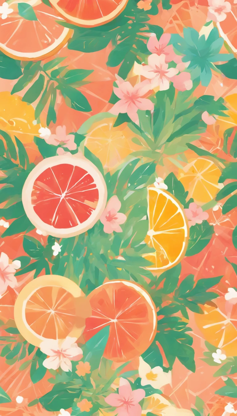 Summer pattern, 1 background color, summer color palette, flat color, flat art illustration, without realistic texture, no realistic texture, no detailed textures, minimalist pattern, summer, pattern for Smart phone background screens 