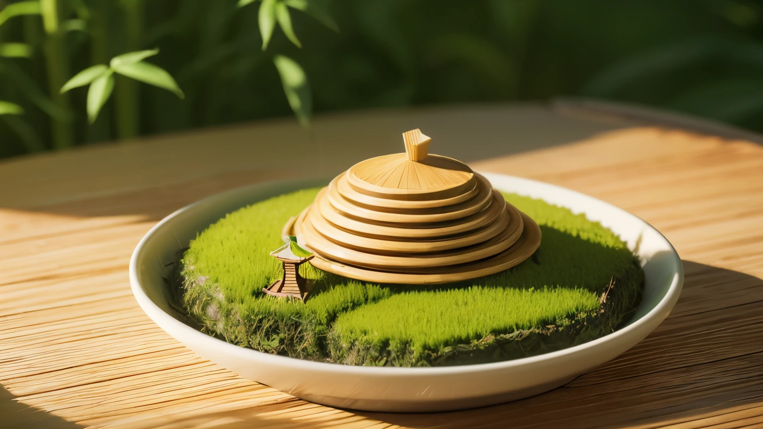 Spring Food, bamboo shoots, yam, tea, miniature landscape, Green tea mountain, Farmers picking tea, Close-up of the sun, soft focus, Cinema4D style presentation, Delicate and soft tones, bright sculpture, Original rendering。, 3D rendering