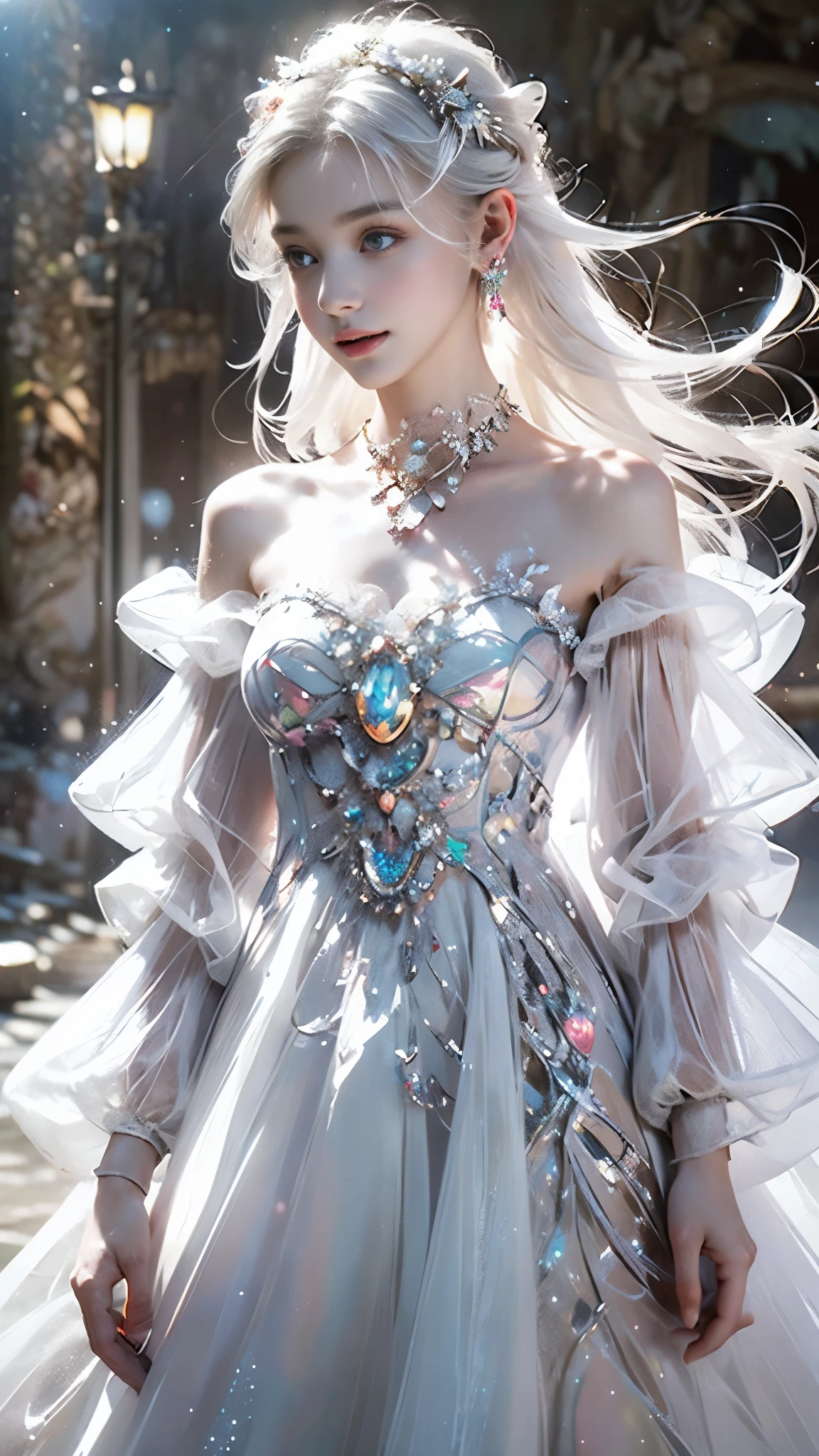 8K, ultra hd, masterpiece, 1 girl, (ibeautiful face:1.4), detailed eyes, very long hair, impressive hairstyle, earings, necklace, small breasts, (white dress:1.5), (fantasy dress:1.5) Light-colored foundation brings out the transparency of the skin, (in the wonderland:1.5), mystery, diwali lights, glowing lights, very decoration, The lights falls like water, perfect body,