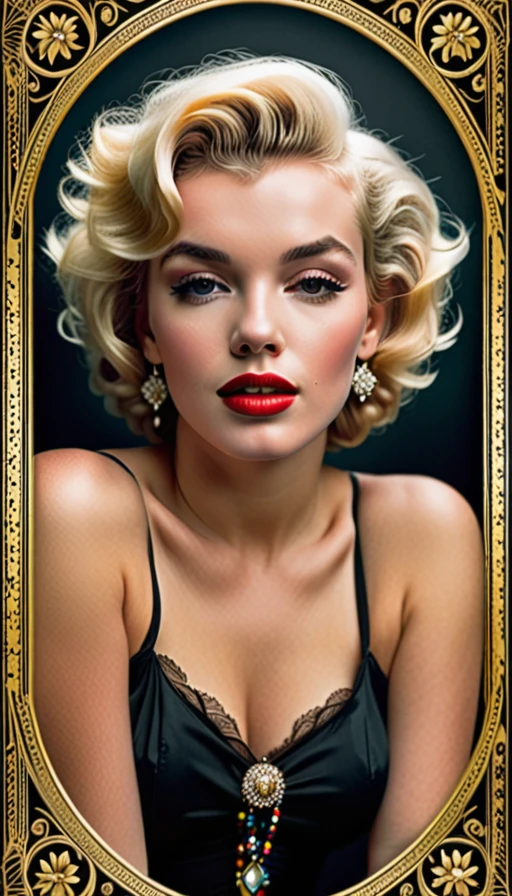 A provocative image of a woman with tousled hair and a sultry expression, surrounded by elegant vintage frames.