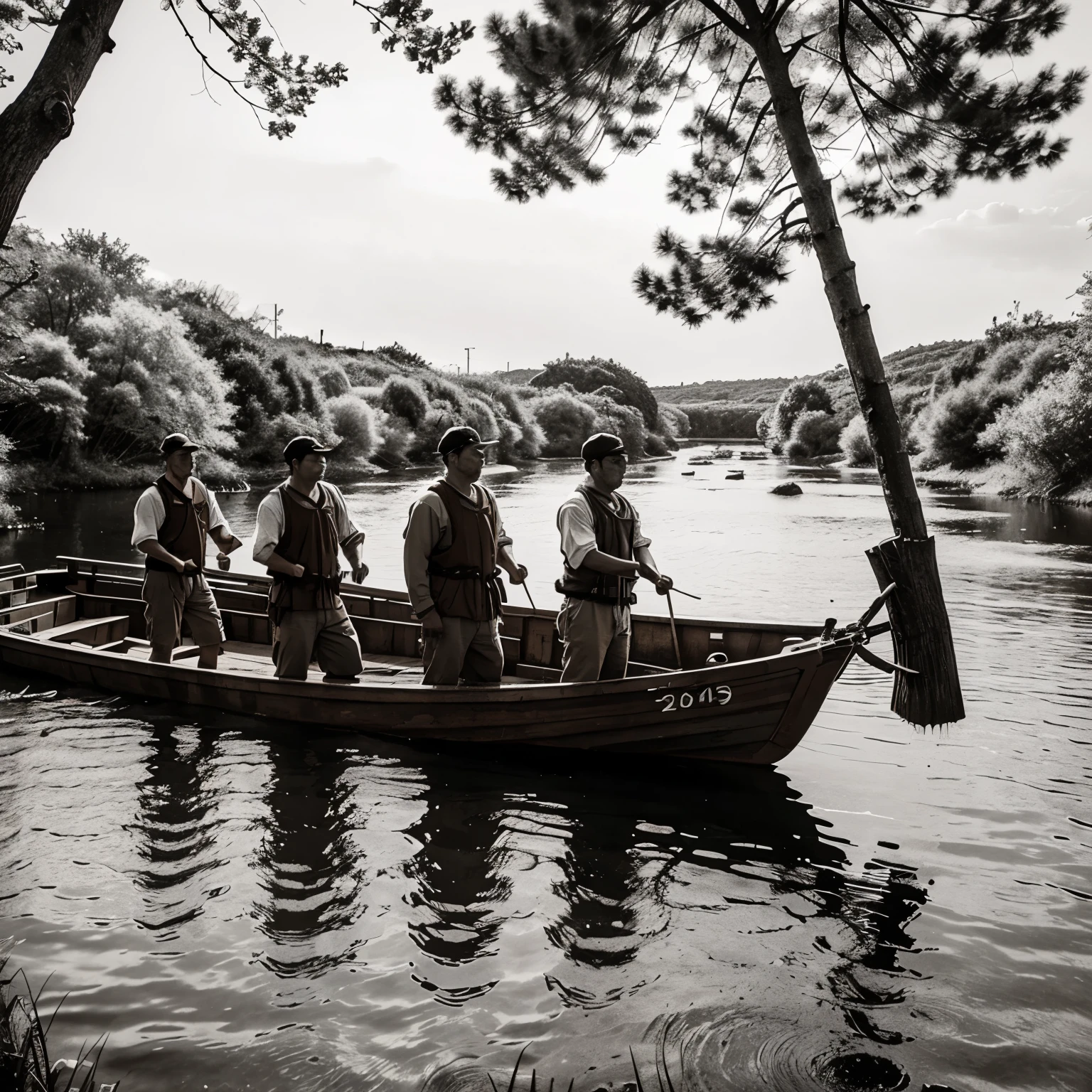 Create a image in manga style . Some fisher men went to river