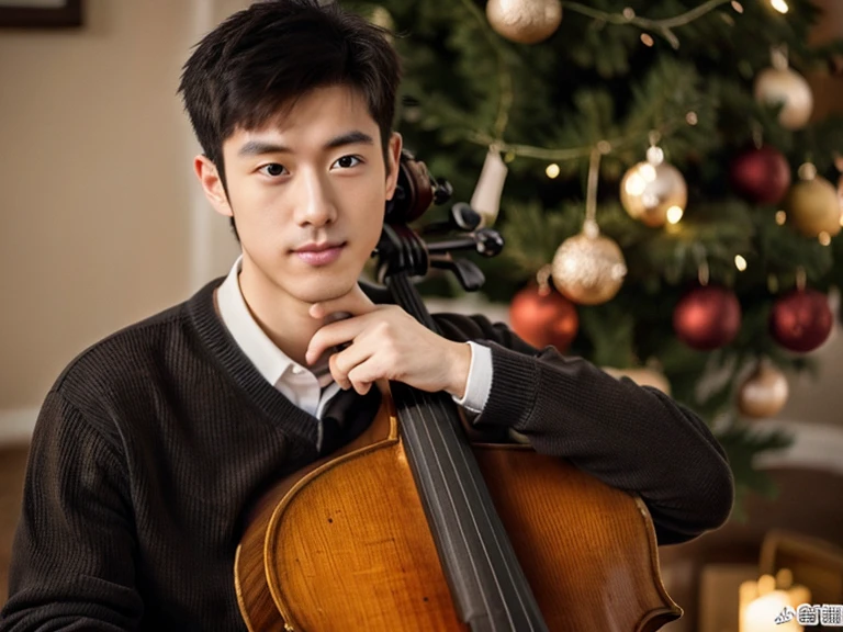 Realism, 8K full body portrait, (Cello)a young handsome guy, 28 year old man.A little messy short hair(artist.musician),Wearing wool sweaters and jackets. Sitting indoors and playing the cello(Cello)(靈感來自中國musician馬友友). charming expression, Fine facial details,Detailed finger positions and details.young man playing Cello in front of a Christmas tree.