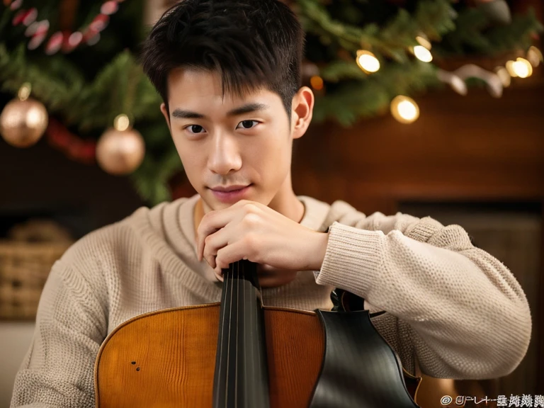 Realism, 8K full body portrait, (Cello)a young handsome guy, 28 year old man.A little messy short hair(artist.musician),Wearing wool sweaters and jackets. Sitting indoors and playing the cello(Cello)(靈感來自中國musician馬友友). charming expression, Fine facial details,Detailed finger positions and details.young man playing Cello in front of a Christmas tree.
