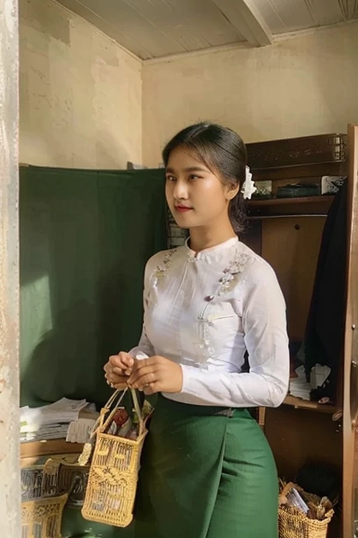 there is a woman standing in a green skirt and white shirt, nivanh chanthara, wearing traditional garb, traditional dress, wearing headmistress uniform, traditional clothes, wearing authentic attire, in style of lam manh, white shirt and green skirt, nuttavut baiphowongse, student, 30 years old woman