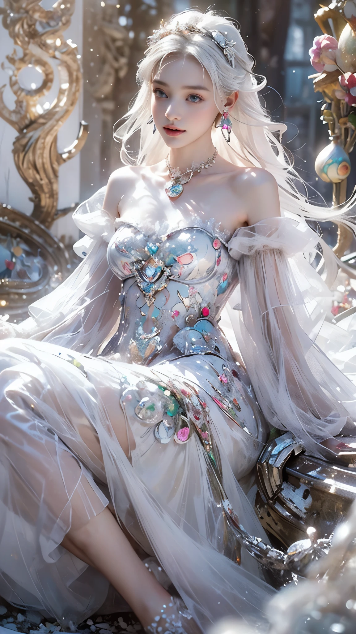 8K, ultra hd, masterpiece, 1 girl, (good face:1.4), detailed eyes, very long hair, impressive hairstyle, earings, necklace, small breasts, (white dress:1.5), (fantasy dress:1.5) Light-colored foundation brings out the transparency of the skin, (in the wonderland:1.5), mystery, diwali lights, glowing lights, very decoration, The lights falls like water, perfect body, sitting,