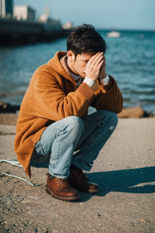 A man crouching down unable to suppress nausea