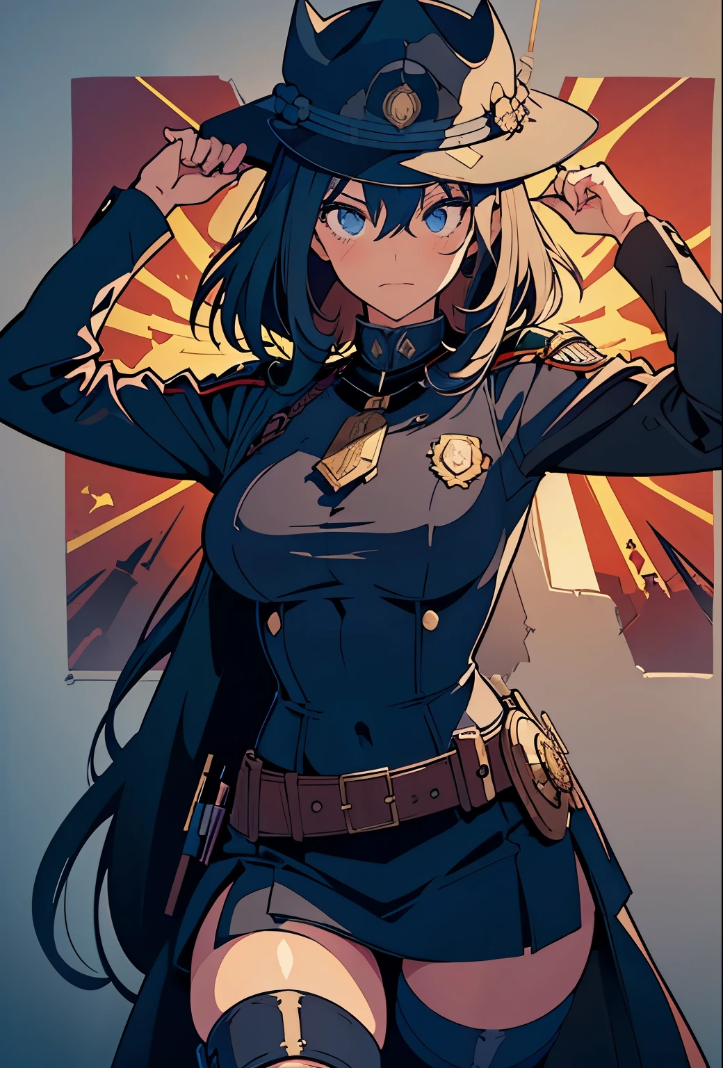 police officer girl, 
wering police hat, 
post apocalypse settings, 
2D dark comic illustration, 
anime fantasy, 
fine-inking, 
Thick black-outlines, 
cel-shaded, 
contour, 
mysterious, 
by alphonse mucha, 
artgerm, 
Town of Salem 2, 
darkest dungeon, 
iratus:lord of the dead