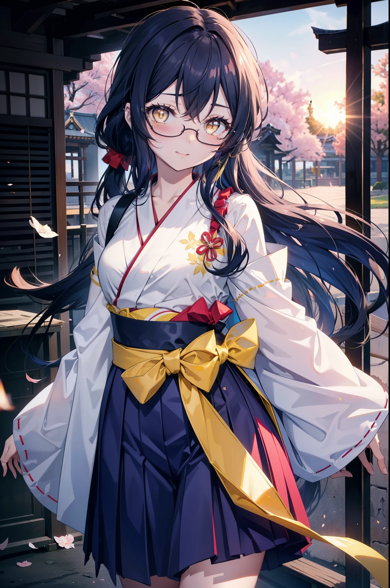 you are so kind, umi sonoda, long hair, blue hair, (yellow eyes:1.5) (flat chest:1.2),happy smile, smile, open your mouth,black rim glasses,Blue headband,
Platycodon grandiflorum,Miko, white kimono, red hakama,kimono, same as skirt, wide sleeve, long sleeve, ribbon trim sleeves,
とてもlong hair, dull bangs, low ponytail, evening,sunset,The sun is setting,cherry blossoms are blooming,Cherry blossoms are falling,
break looking at viewer,whole body,Upper body,,(cowboy shot:1.5),
break indoors, shrine,torii,
break (masterpiece:1.2), highest quality, High resolution, unity 8k wallpaper, (figure:0.8), (detailed and beautiful eyes:1.6), highly detailed face, perfect lighting, Very detailed CG, (perfect hands, perfect anatomy),