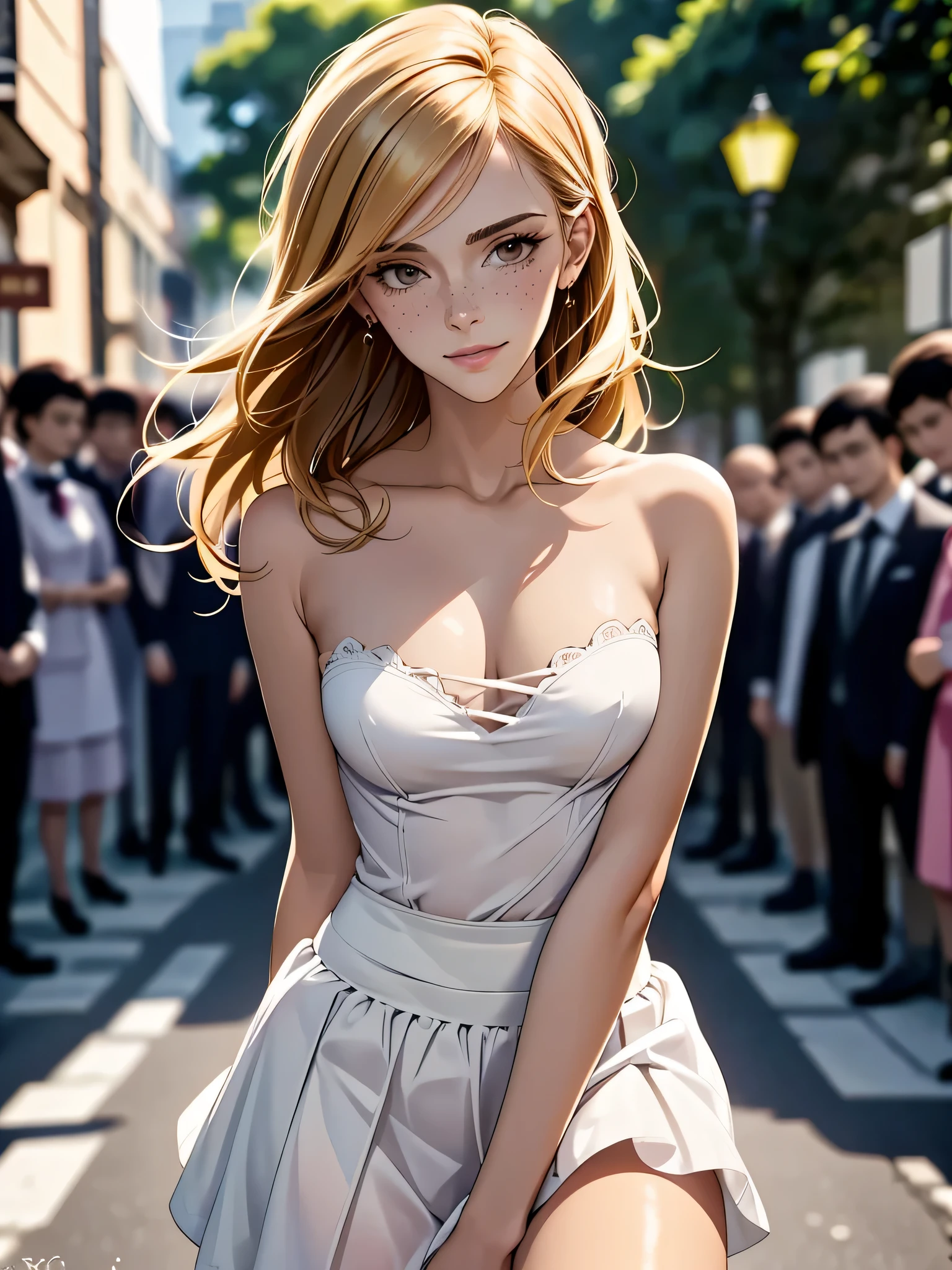 1 girl (Masterpiece, best quality, photorealistic, highres, photography:1.3), close-up portrait, sharp focus, 1 brunette girls, European fashion models, flawless skin, slim feminine appearance, flat abdomen, slender abs, cleavage, messy long hair, detailed hair strands, delicate sexy face, allure look, ((group of men, 1 girl surrounded by men, gangbang, group sex, blackedscene, sex, big dicks)), outdoor fashion photoshoot, standing pose, ((realistic, ultra realistic, realism, realistic detail)), freckles, blush, brown hair with blonde streaks