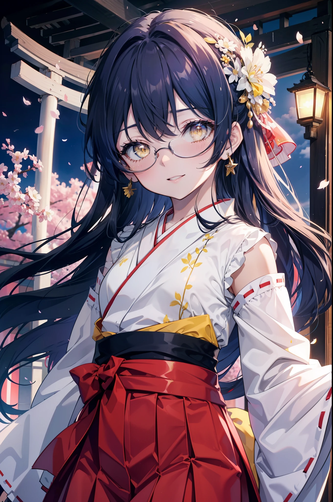 you are so kind, umi sonoda, long hair, blue hair, (yellow eyes:1.5) (flat chest:1.2),happy smile, smile, open your mouth,black rim glasses,Blue headband,
Platycodon grandiflorum,Miko, white kimono, red hakama,kimono, same as skirt, wide sleeve, long sleeve, ribbon trim sleeves,
とてもlong hair, dull bangs, low ponytail, evening,sunset,The sun is setting,cherry blossoms are blooming,Cherry blossoms are falling,
break looking at viewer,whole body,Upper body,,(cowboy shot:1.5),
break indoors, shrine,torii,
break (masterpiece:1.2), highest quality, High resolution, unity 8k wallpaper, (figure:0.8), (detailed and beautiful eyes:1.6), highly detailed face, perfect lighting, Very detailed CG, (perfect hands, perfect anatomy),