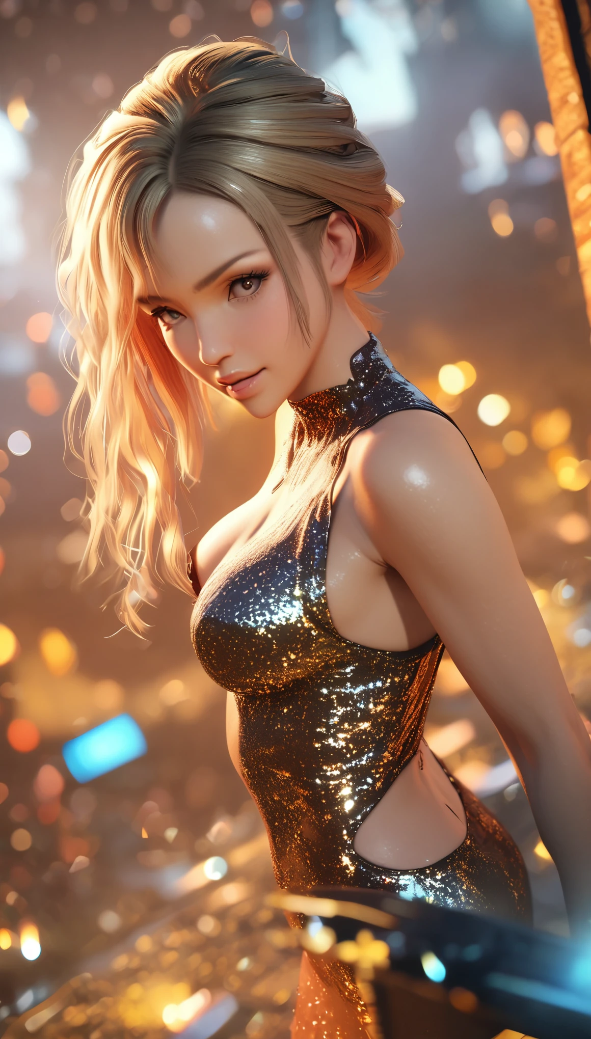 1girl， 3d，realistic， skin texture，fractal back ground，glowing，blingbling, Motion blurred