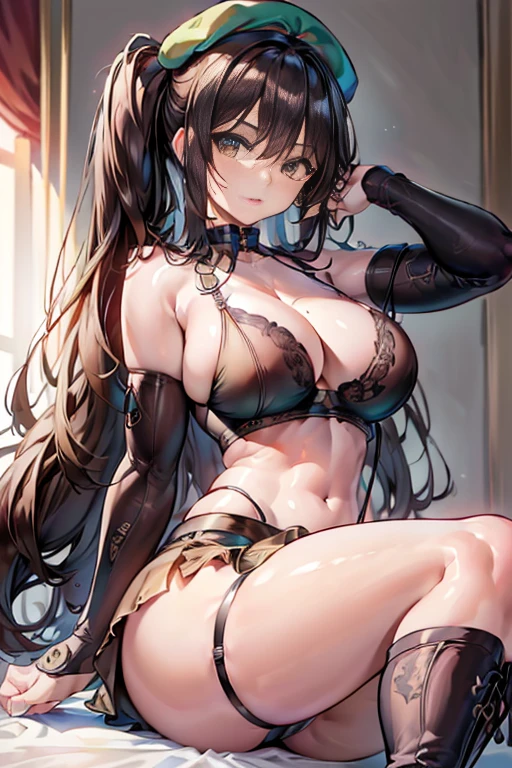 ubel,dark green hair,long hair,side ponytail,hair between eyes,bangs, (beret, black jacket, open clothes, cleavage, midriff, (Make the subject look three-dimensional with the contrast of light and shadow),Cute and beautiful 22yo girl,(masterpiece:1.2), best quality, high resolution, unity 8k wallpaper, (illustration:0.8), (beautiful detailed eyes:1.6), extremely detailed face, perfect lighting, extremely detailed CG, (perfect hands, perfect anatomy),(brown eyes: 1.1),Brown hair,watching at viewers,black suspenders,(Bulging ,big breasts:1.1),tacticul jacet,Black miniskirt,garters,Gaze,Small face,bangss,holster,Belt Armament,Beautuful Women srestrained,hands up,sitting Lying in bed,Leg holster ,Gaze,black boots,panty shot, extremely detailed face, perfect lighting, extremely detailed CG,