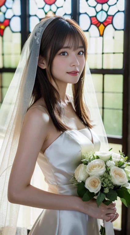(highest quality,masterpiece:1.3,ultra high resolution,),(Super detailed,caustics),(Photoreal:1.4,RAW shooting,)ultra-realistic capture,very detailed,High resolution 16K human skin close-up。 natural skin texture、,The pores are、、、Must be detailed enough to be easily identified。 Skin should look even-toned and healthy。 Use natural light and color,1 girl,Japanese,cute,22 years ago,cry or laugh,look at the camera,Natural brown hair,half up,medium sized breasts,wedding veil,pure white wedding dress,holding a bouquet,stand upright,look at the camera,chapel,(Stained glass),Overflowing with light,(Front view),Front view,cowboy shot,natural soft light