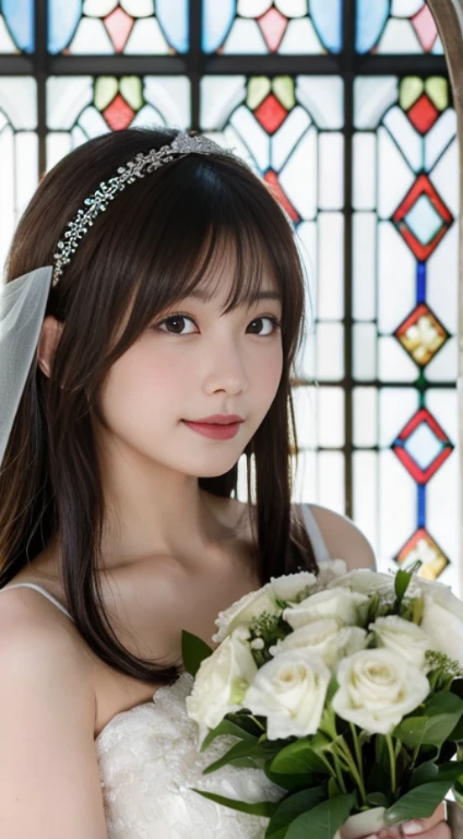 (highest quality,masterpiece:1.3,ultra high resolution,),(Super detailed,caustics),(Photoreal:1.4,RAW shooting,)ultra-realistic capture,very detailed,High resolution 16K human skin close-up。 natural skin texture、,The pores are、、、Must be detailed enough to be easily identified。 Skin should look even-toned and healthy。 Use natural light and color,1 girl,Japanese,cute,22 years ago,cry or laugh,look at the camera,Natural brown hair,half up,medium sized breasts,wedding veil,pure white wedding dress,holding a bouquet,stand upright,look at the camera,chapel,(Stained glass),Overflowing with light,(Front view),Front view,cowboy shot,natural soft light