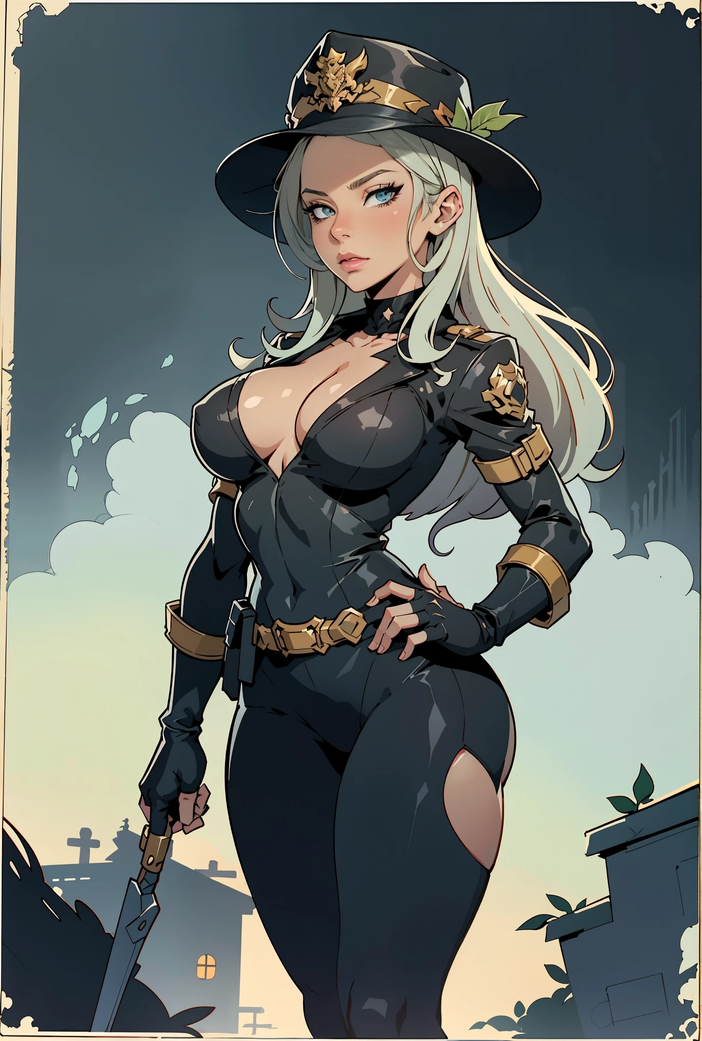 police officer girl, 
wering police hat, 
post apocalypse settings, 
2D dark comic illustration, 
anime fantasy, 
fine-inking, 
Thick black-outlines, 
cel-shaded, 
contour, 
mysterious, 
by alphonse mucha, 
artgerm, 
Town of Salem 2, 
darkest dungeon, 
iratus:lord of the dead