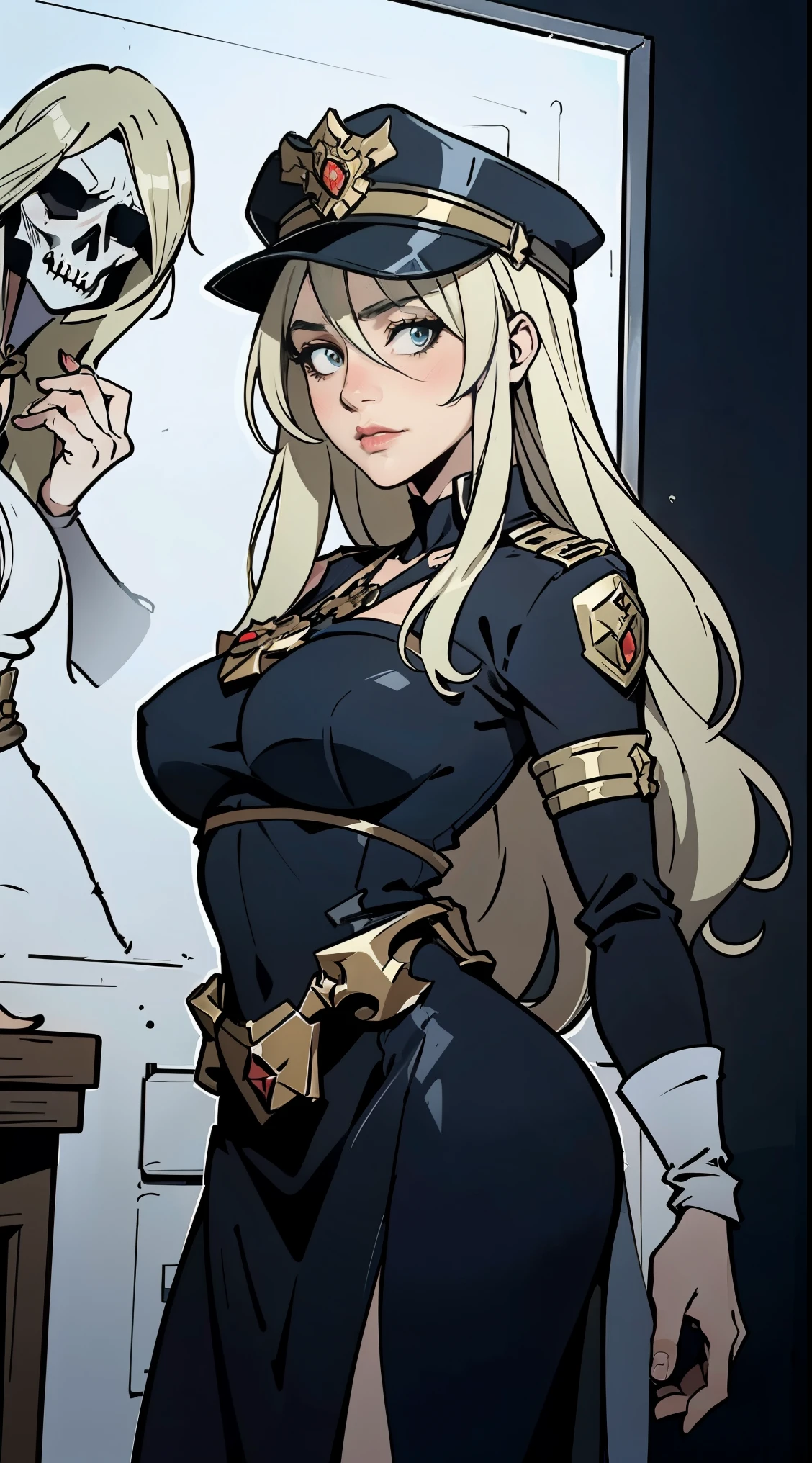 police officer girl, 
wering police hat, 
post apocalypse settings, 
2D dark comic illustration, 
anime fantasy, 
fine-inking, 
Thick black-outlines, 
cel-shaded, 
contour, 
mysterious, 
by alphonse mucha, 
artgerm, 
Town of Salem 2, 
darkest dungeon, 
iratus:lord of the dead