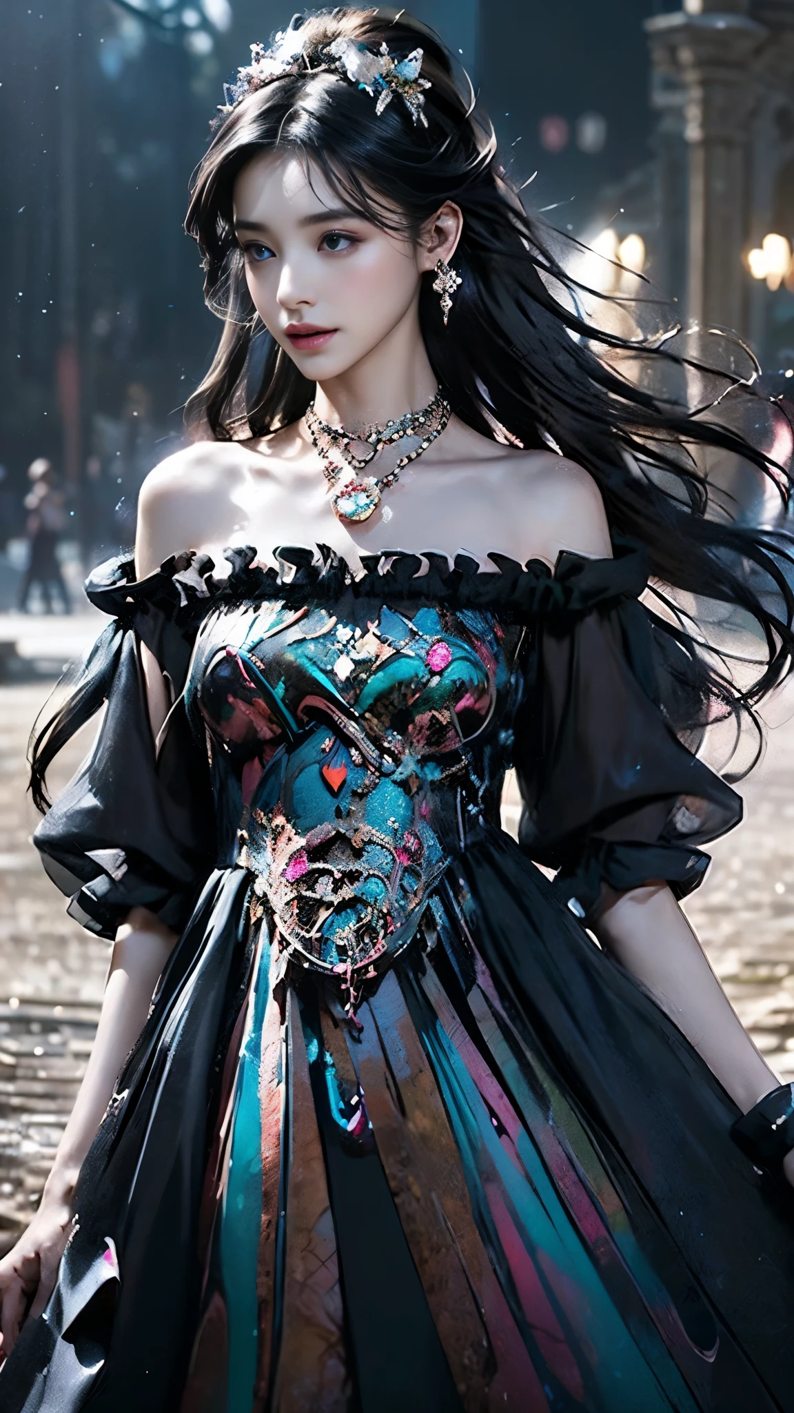 8K, ultra hd, masterpiece, 1 girl, (ibeautiful face:1.4), detailed eyes, very long hair, impressive hairstyle, earings, necklace, small breasts, (black dress:1.5), (fantasy dress:1.5) Light-colored foundation brings out the transparency of the skin, (in the wonderland:1.5), mystery, diwali lights, glowing lights, very decoration, The lights falls like water, perfect body,