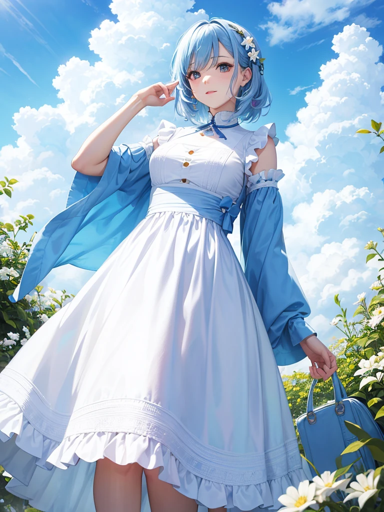 A woman,Mature,cute,pretty,white,blue,Colorful,cloud,flower