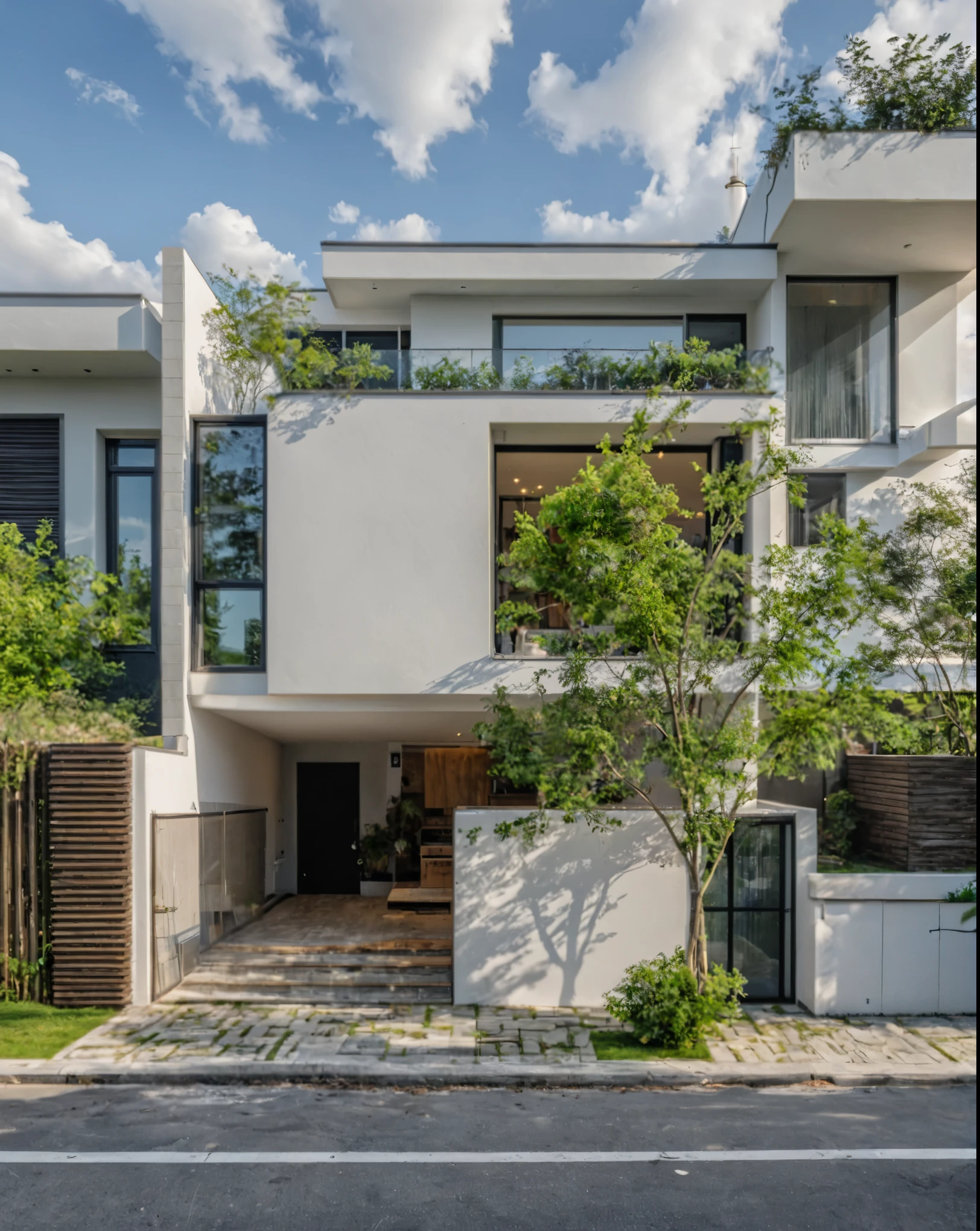 Masterpiece, high quality, best quality, authentic, super detail, outdoors, onestoreyvillaXL, aiaigroup, house style modern on the street ,stairs, white wall ,road,pavement, grass, trees, sky, cloud, (daylight:1.1)