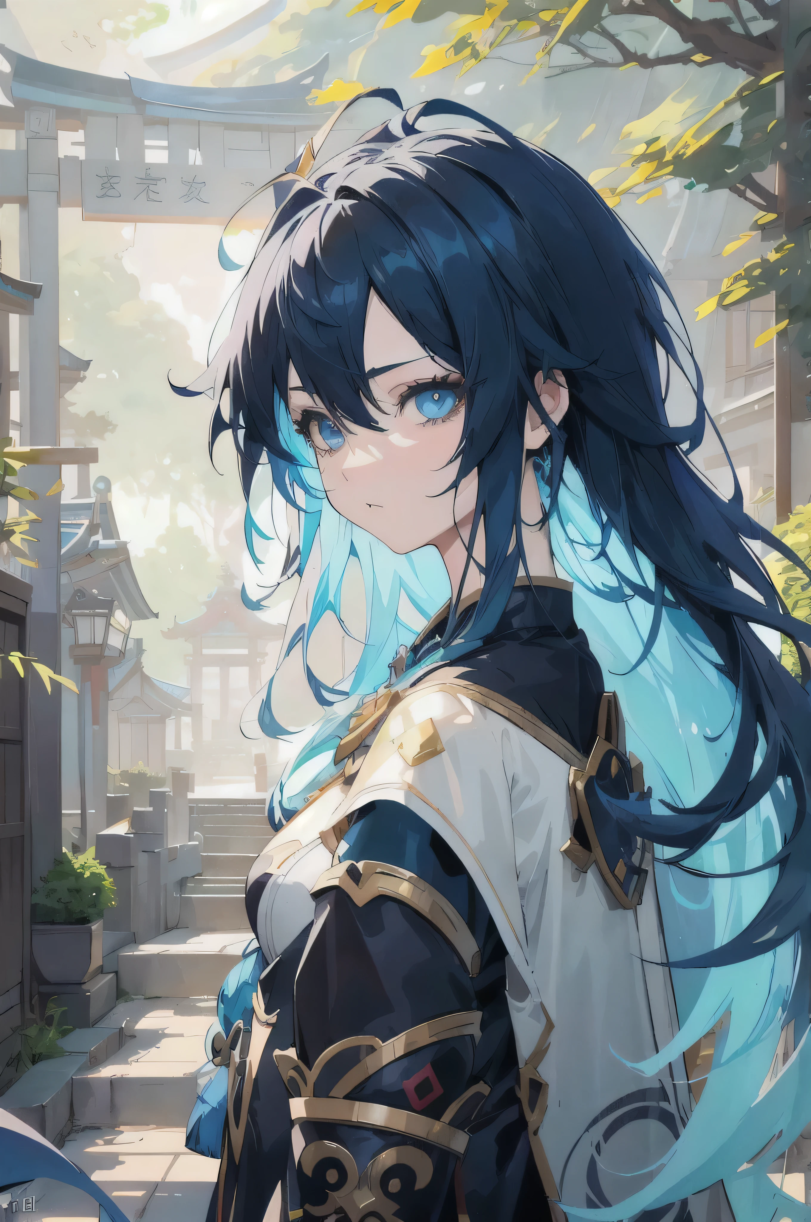 Anime girl with blue hair and blue eyes standing in front of the gate, keqing from Genshin impact, Zodiac Girl Knight Portrait, Black-haired mage, anime art wallpaper 8k, Detailed digital animation art, Genshin, Popular topics on artstation pixiv, guweiz on pixiv artstation, anime art wallpaper 4k