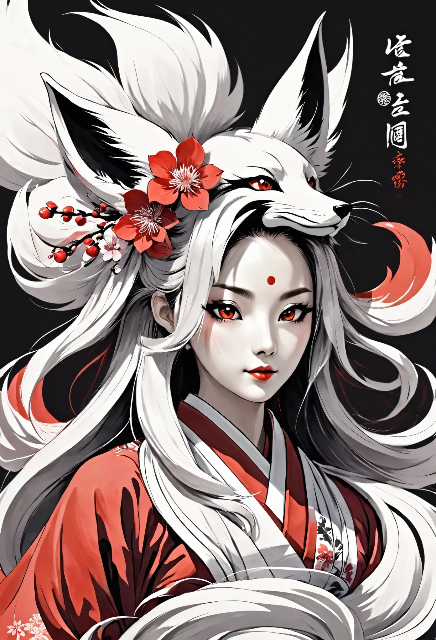 Beauty,Ancient Chinese costume:kimono:beautiful pattern:hakama,asian beauty,Chinese,perfect face,fox ears,Fox tail:Nine Tails,Bewitching,Yang,((ink sketch,edge,Draw with lines)),((white,black,red)),detailed,anatomically correct,delicate,perfect composition,masterpiece,zentangle,beautiful,ink painting,BeautifulYang&#39;s figure drawn in ink,Yang&#39;s true identity is the fox from Nine Tails,mysteriously beautiful,White background:Add detailed patterns with thin ink,red cherry blossoms