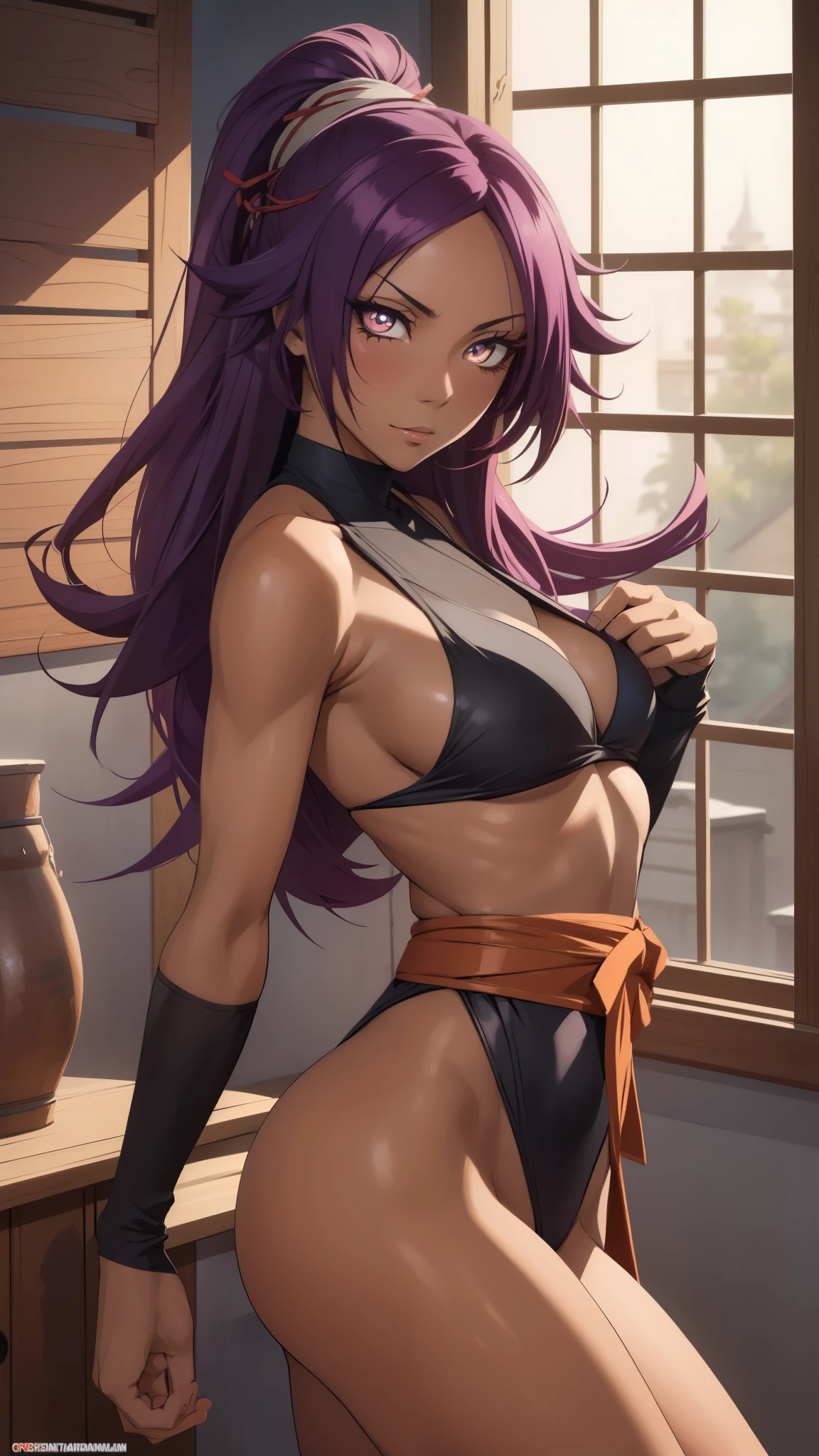 yoruichi shihouin, ((detailed eyes:1.2)), wearing miko outfit, nsfw, sexy, sensual, sleeveless, sideboob, masterpiece, top quality, best quality, official art, beautiful and aesthetic:1.2), extreme detailed, colorful, highest detailed