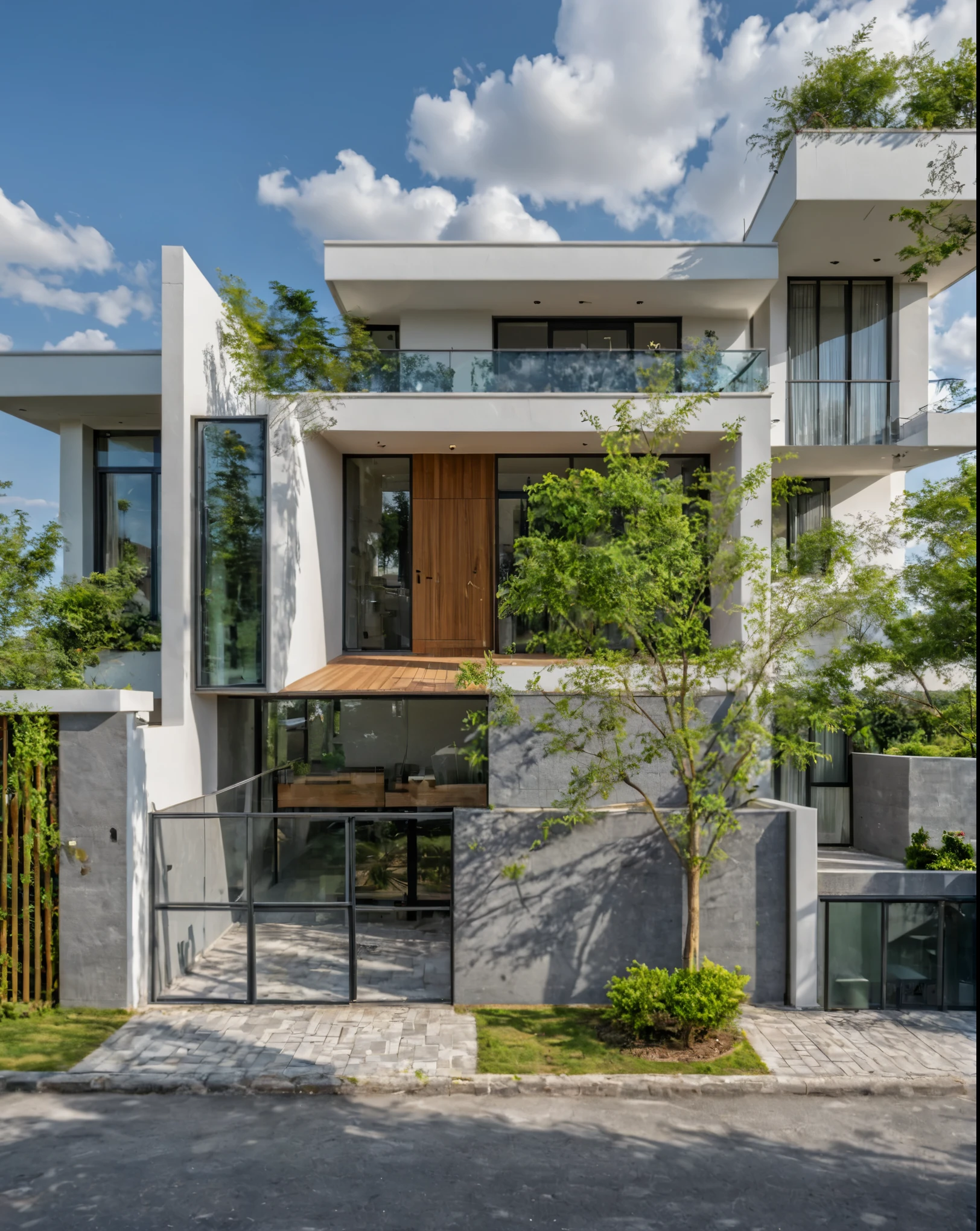 Masterpiece, high quality, best quality, authentic, super detail, outdoors, onestoreyvillaXL, aiaigroup, house style modern on the street ,stairs, white wall ,road,pavement, grass, trees, sky, cloud, (daylight:1.1)