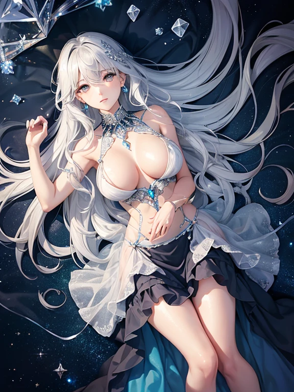 {{{{Crystalline Gemstone Gloves}}}},((Beautiful and delicate silvery wavy hair)),((Textured hand in the shape of glass)),((Crystallize the textured body)),gem body,Hands as clear as jewels,Crystallization of clothes,((Crystal Texture Skin)),shine, Lens flare, Light leakage, Broken glass,{{{{Fine glass dark blue wedding dress}}}},,Beautiful detailed jewel sky, 宝石のOcean, Beautiful blood orange eyes, ruffle skirt,earrings,full body shot,Tanned healthy woman,Warlike,Intricately braided hair,tie hair,punk,NieR,Ocean,pillar of light,night sky,star々,bangles,On your back,A shot taken from above
