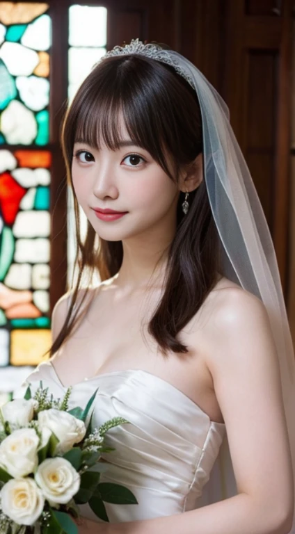 (highest quality,masterpiece:1.3,ultra high resolution,),(Super detailed,caustics),(Photoreal:1.4,RAW shooting,)ultra-realistic capture,very detailed,High resolution 16K human skin close-up。 natural skin texture、,The pores are、、、Must be detailed enough to be easily identified。 Skin should look even-toned and healthy。 Use natural light and color,1 girl,Japanese,cute,22 years ago,cry or laugh,look at the camera,Natural brown hair,half up,medium sized breasts,wedding veil,pure white wedding dress,holding a bouquet,stand upright,look at the camera,chapel,(Stained glass),Overflowing with light,(Front view),Front view,cowboy shot,natural soft light