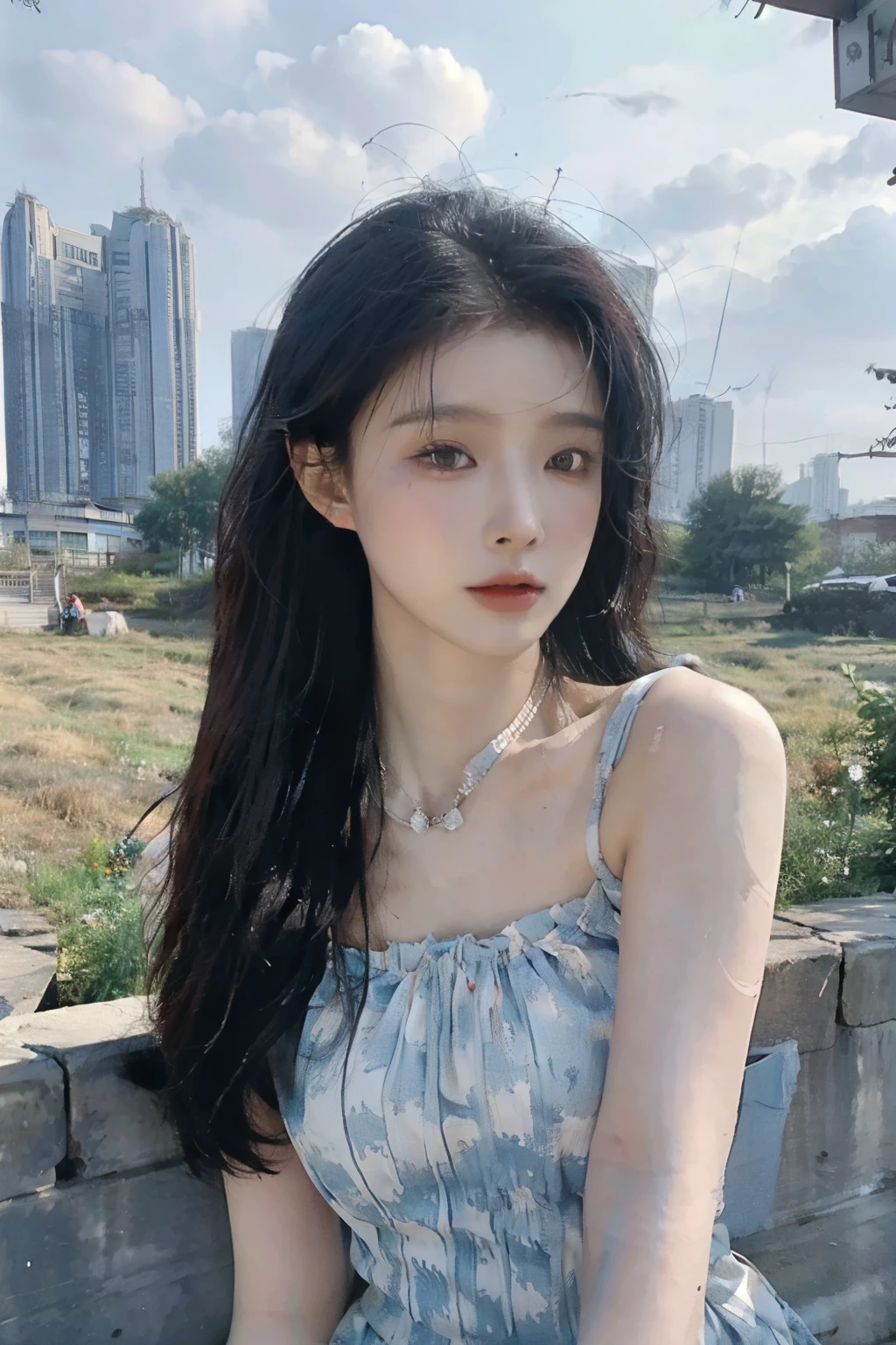 (original photo:1.2), (photoactual:1.4),((Physically based rendering)), best quality,masterpiece,best quality,official art, (actual, photo-actual:1.4), (High detail skin:1),
outdoor, blue sky, city View,
1 girl, whole body, Telephone exchange,tiangtongjiang,
long hair, black hair, red lipstick, split,
bare shoulders, skirt, jewelry, earrings, necklace,underwear,
close up, View, Sonai,