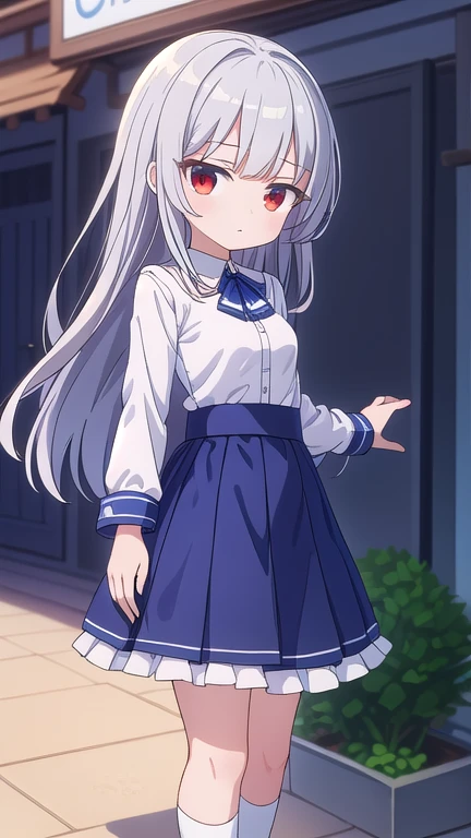 ((highest quality)), ((masterpiece)), (be familiar with), perfect face, long hair, silver hair, (((toddler))), frilled clothing, open eyes wide, empty eyes, red eye, ((expressionless)), from front, game center, ((((small breasts)))), standing, White thigh-high socks, blue checked skirt, outstretched arm, grab the hem of someone's clothes