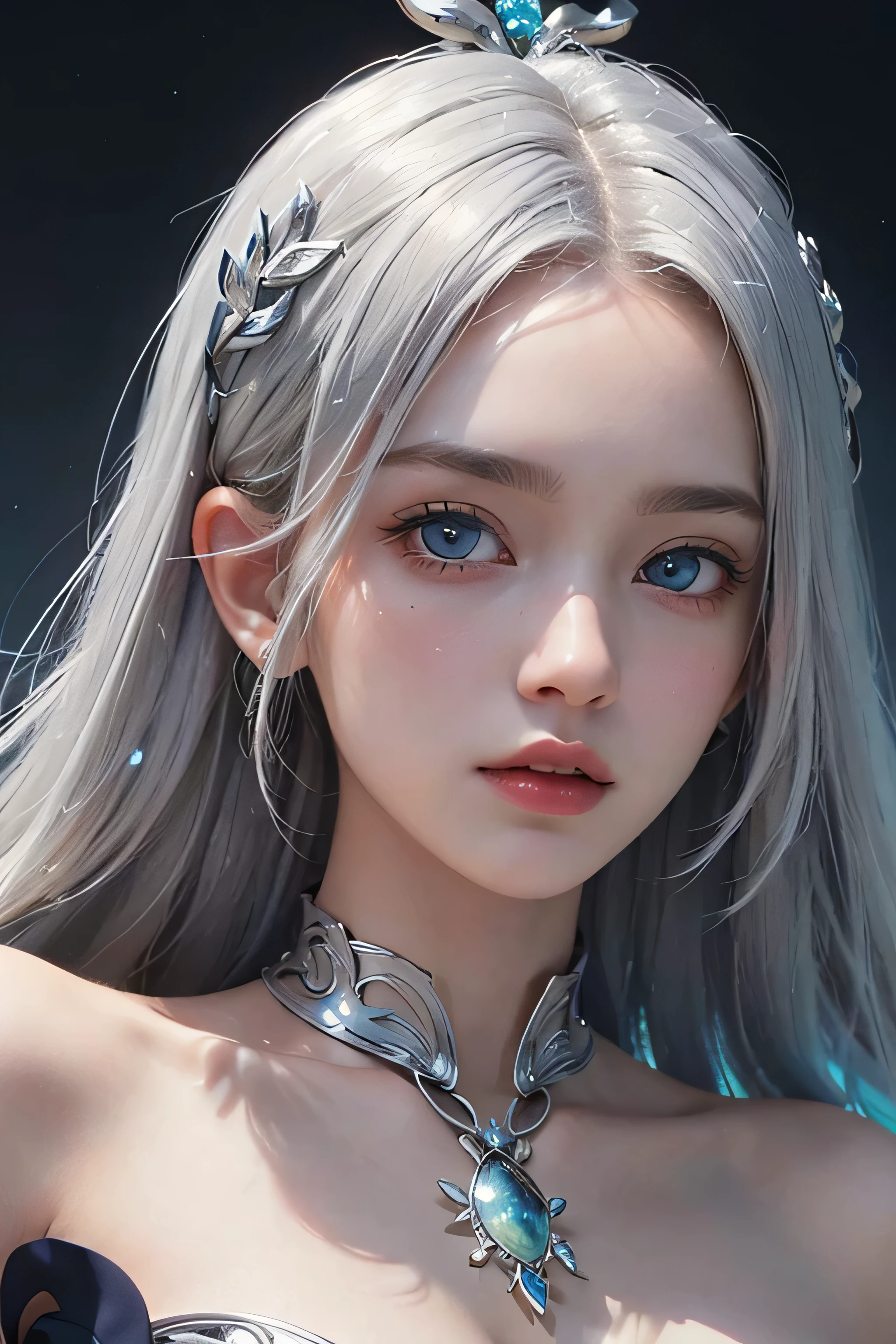((best quality)), ((masterpiece)), (detailed), perfect face (silver white hair) (long hair parted in the middle) (Goddess of light) (night blue eyes) (gorgon) (Baddas) (goddes shine)