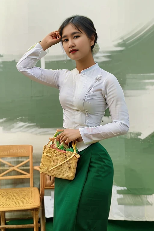 there is a woman standing in a green skirt and white shirt, nivanh chanthara, wearing traditional garb, traditional dress, wearing headmistress uniform, traditional clothes, wearing authentic attire, in style of lam manh, white shirt and green skirt, nuttavut baiphowongse, student, 30 years old woman