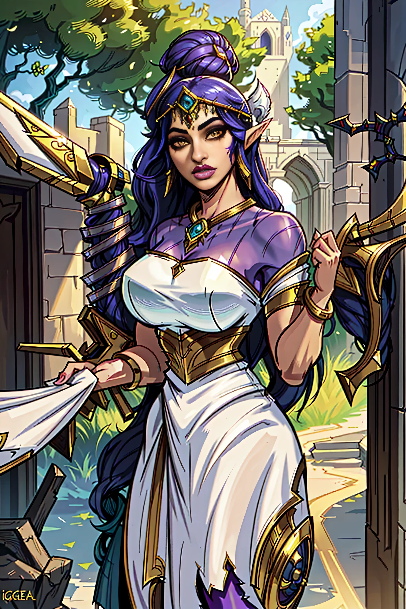 araffe dressed in a costume posing for a picture, samira from league of legends, ornate cosplay, irelia from league of legends, senna from league of legends, ahri from league of legends, from legend of zelda, beautiful and elegant female elf, beautiful and elegant elf queen, morgana from league of legends, cosplay, professional cosplay