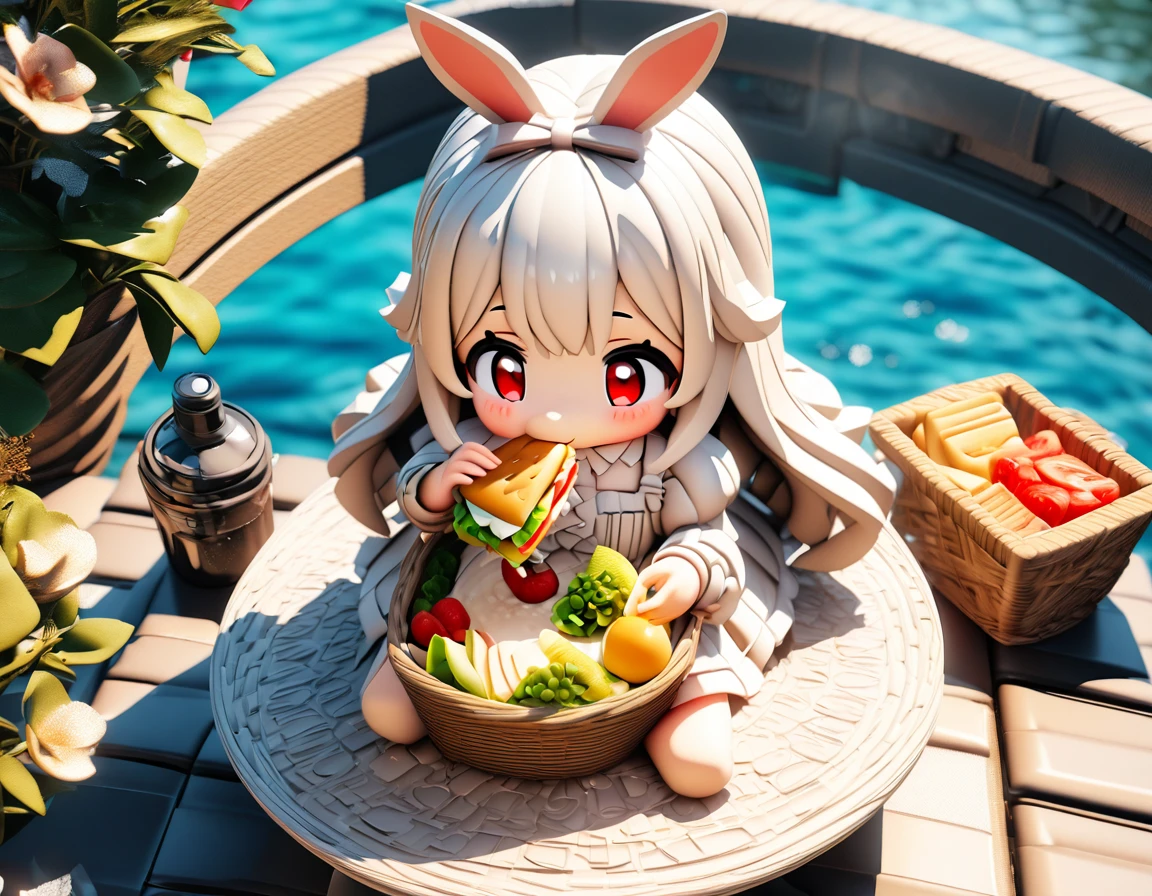(3D,3D Art),#quality(8k,wallpaper of extremely detailed CG unit, ​masterpiece,hight resolution,top-quality,top-quality real texture skin,hyper realisitic,increase the resolution,RAW photos,best qualtiy,highly detailed,the wallpaper),(((solo))),#1rabbitgirl(3D Art:2.0,Chibi:1.8,cute,kawaii,small ???,white hair:2.0,long hair:1.6,white rabbit ear:2.0,white gothic dress,red eyes,big eyes,skin color white,big hairbow,eating sandwich,sitting),#background(sitting on the luncheon mat,some roses,near the beautiful lake,basket,lunch is in the basket,beautiful sunny day),(3D Art),(from above:1.4),draw very correct human hand,[[nsfw:1.6]],oil painting:1.8