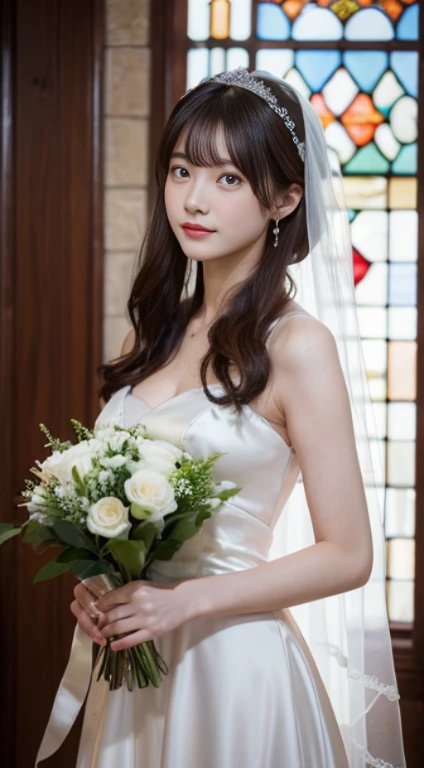 (highest quality,masterpiece:1.3,ultra high resolution,),(Super detailed,caustics),(Photoreal:1.4,RAW shooting,)ultra-realistic capture,very detailed,High resolution 16K human skin close-up。 natural skin texture、,The pores are、、、Must be detailed enough to be easily identified。 Skin should look even-toned and healthy。 Use natural light and color,1 girl,Japanese,cute,22 years ago,cry or laugh,look at the camera,Natural brown hair,half up,medium sized breasts,wedding veil,pure white wedding dress,holding a bouquet,stand upright,look at the camera,chapel,(Stained glass),Overflowing with light,(Front view),Front view,cowboy shot,natural soft light