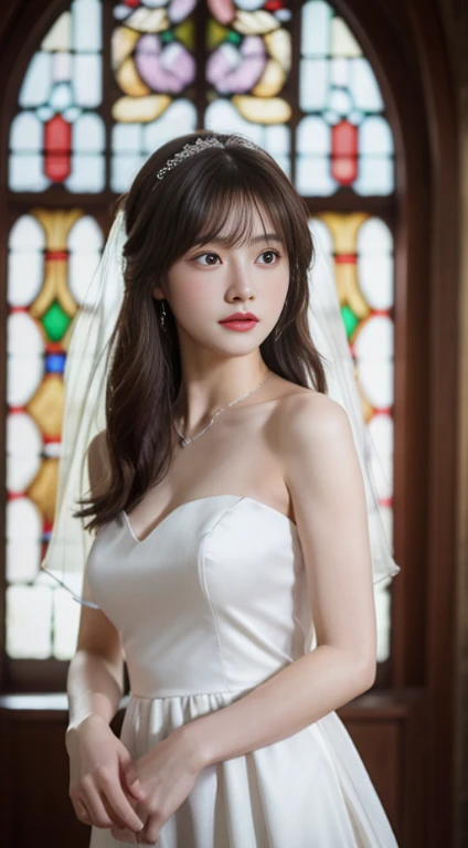 (highest quality,masterpiece:1.3,ultra high resolution,),(Super detailed,caustics),(Photoreal:1.4,RAW shooting,)ultra-realistic capture,very detailed,High resolution 16K human skin close-up。 natural skin texture、,The pores are、、、Must be detailed enough to be easily identified。 Skin should look even-toned and healthy。 Use natural light and color,1 girl,Japanese,cute,22 years ago,cry or laugh,look at the camera,Natural brown hair,half up,medium sized breasts,wedding veil,pure white wedding dress,holding a bouquet,stand upright,look at the camera,chapel,(Stained glass),Overflowing with light,(Front view),Front view,cowboy shot,natural soft light