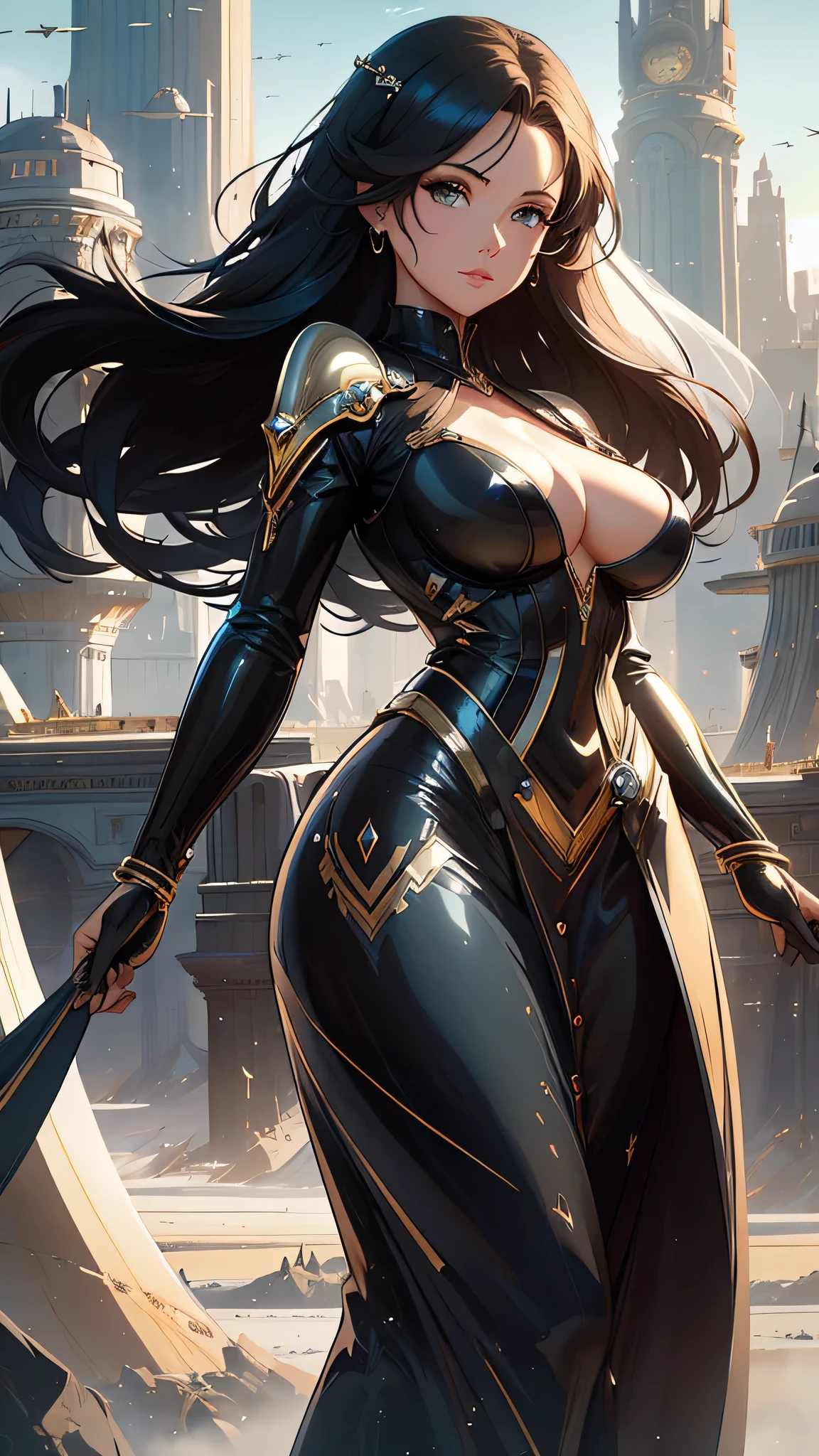 there is a woman in a futuristic dress standing in front of a bunch of people, large dieselpunk flying airships, dribbble, inspired by Gil Elvgren, fantasy paladin woman, inspired by Mark Brooks, [ bubbles, portrait of helen of troy, sci - fi : :, golden armour  
