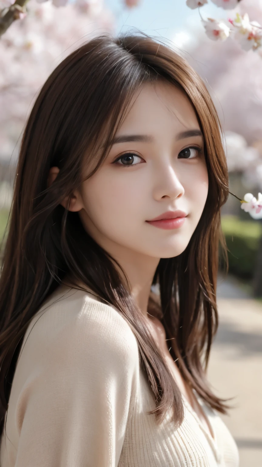 masterpiece, highest quality, realistic, Super detailed, finely, High resolution, 8k wallpaper, 1 beautiful woman, light brown messy hair, sharp focus, perfect dynamic composition, detailed and beautiful eyes, fine hair, Detailed and realistic skin texture, smile, portrait, model body shape, Take a walk through the cherry blossom park,